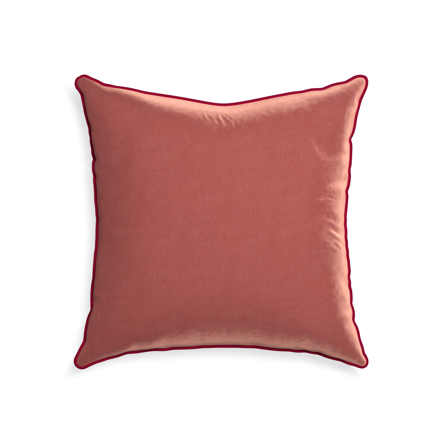 22-square cosmo velvet custom pillow with raspberry piping on white background