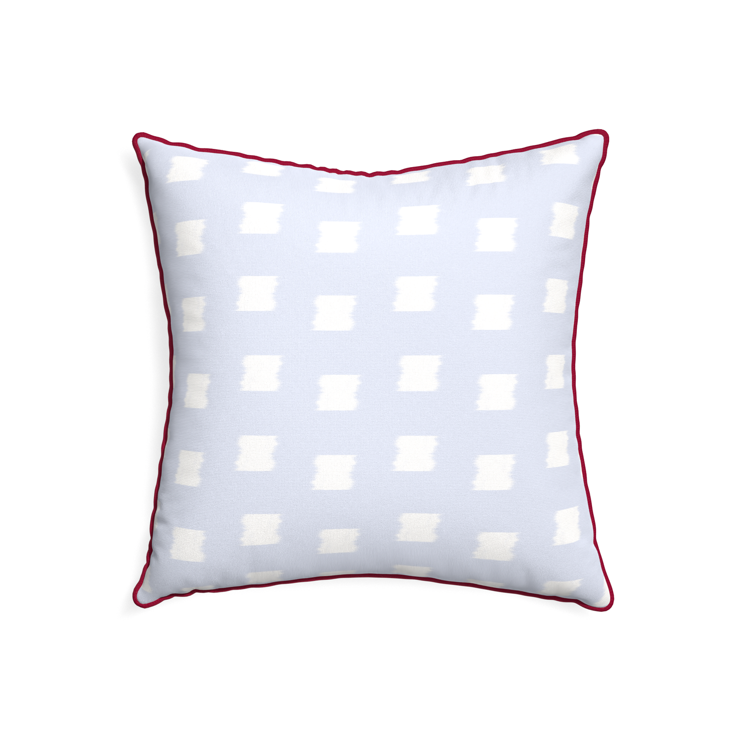 22-square denton custom sky blue patternpillow with raspberry piping on white background