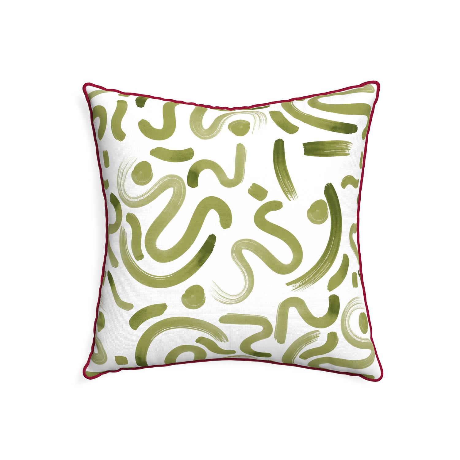 22-square hockney moss custom pillow with raspberry piping on white background