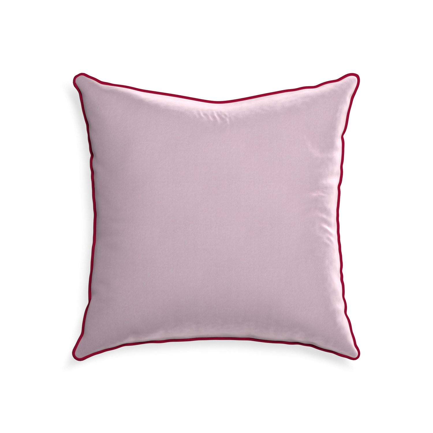 22-square lilac velvet custom pillow with raspberry piping on white background