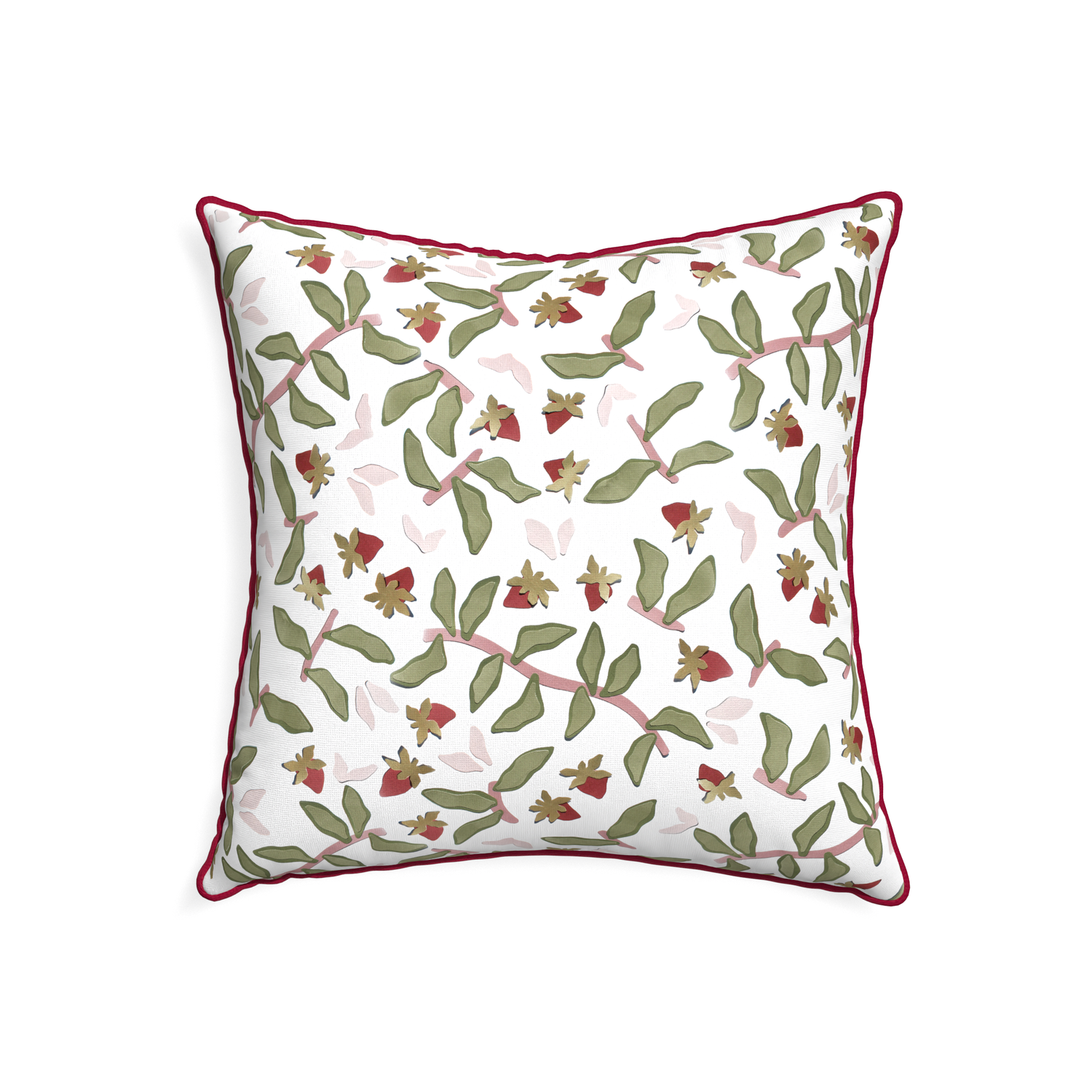 22-square nellie custom strawberry & botanicalpillow with raspberry piping on white background