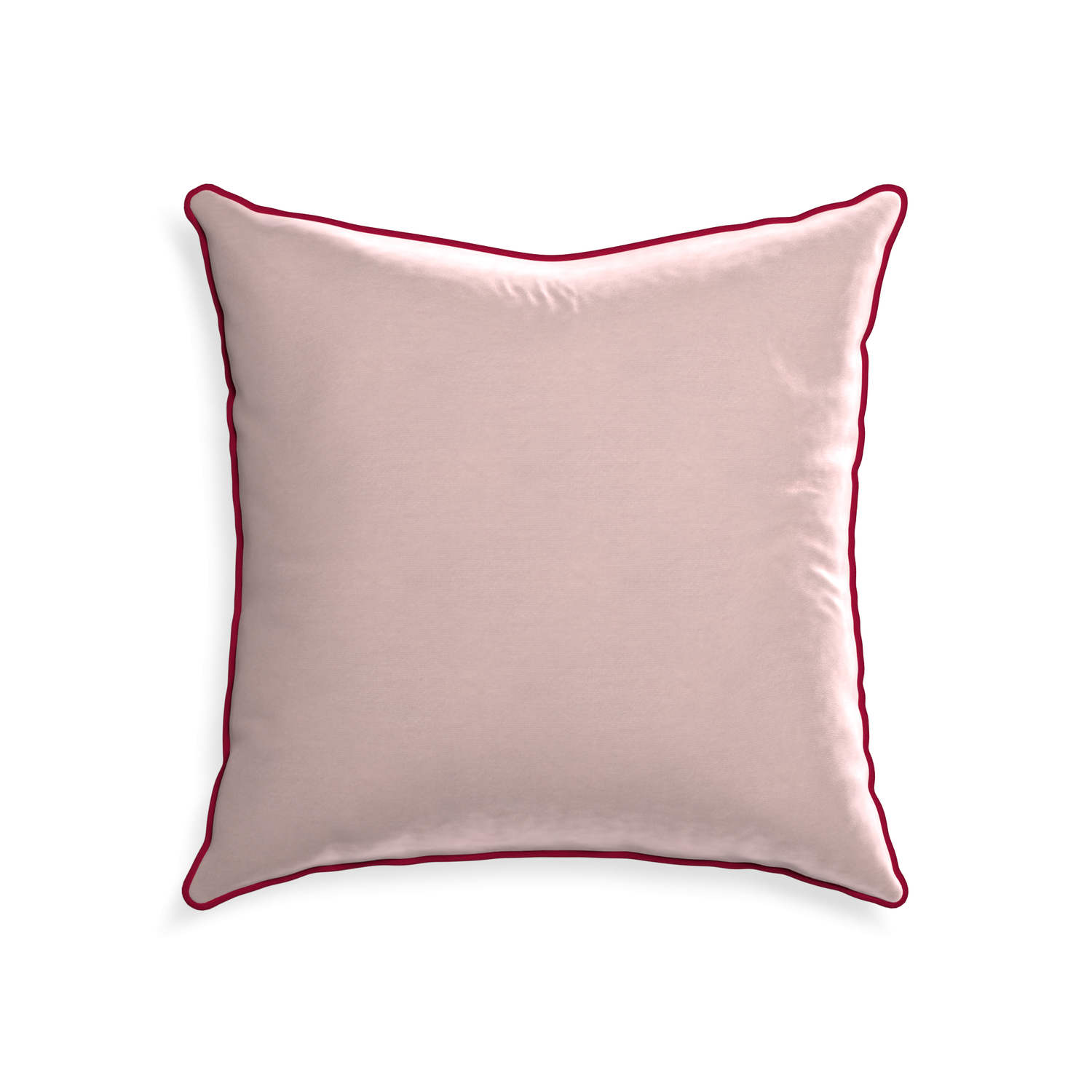 22-square rose velvet custom pillow with raspberry piping on white background
