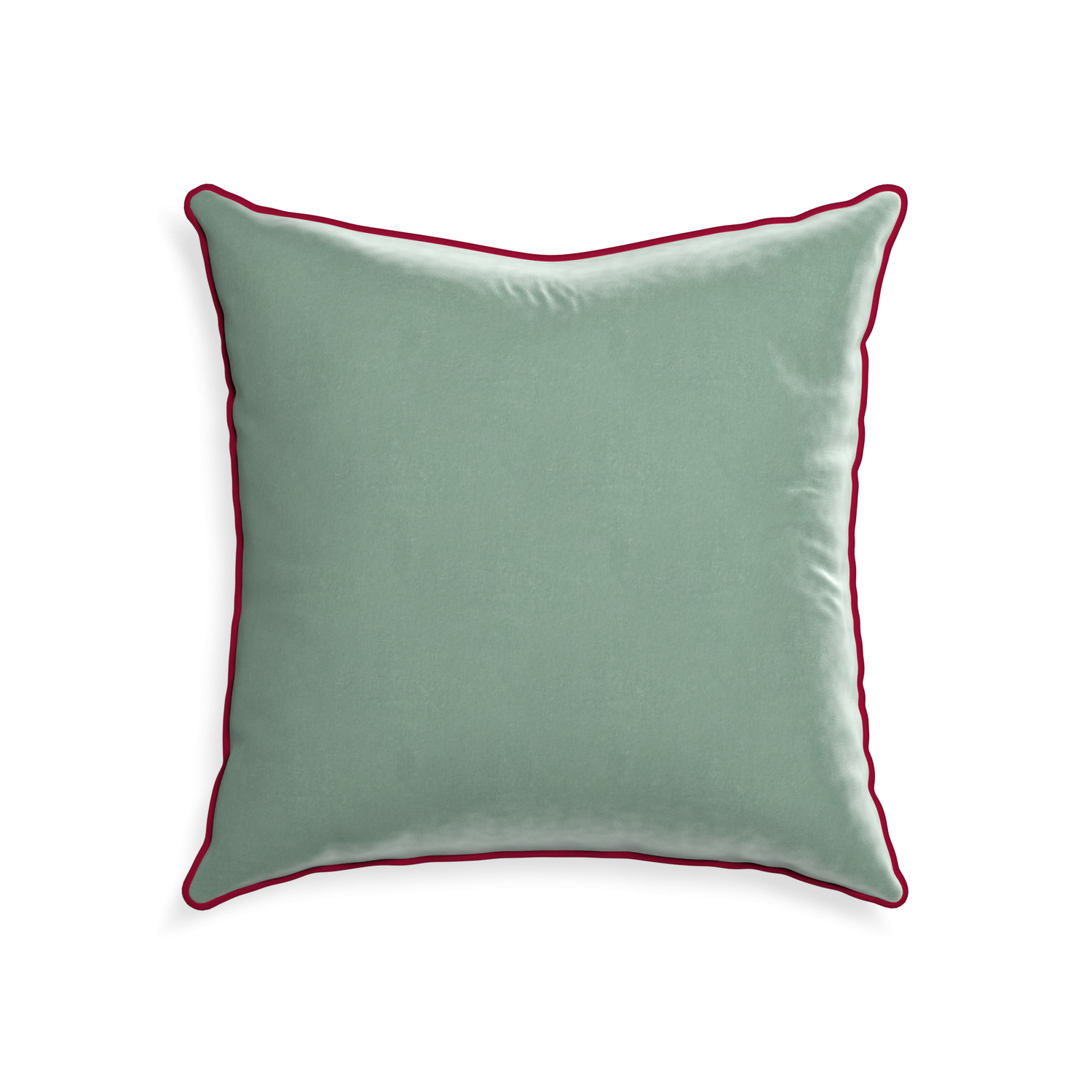 square blue green velvet pillow with dark red piping
