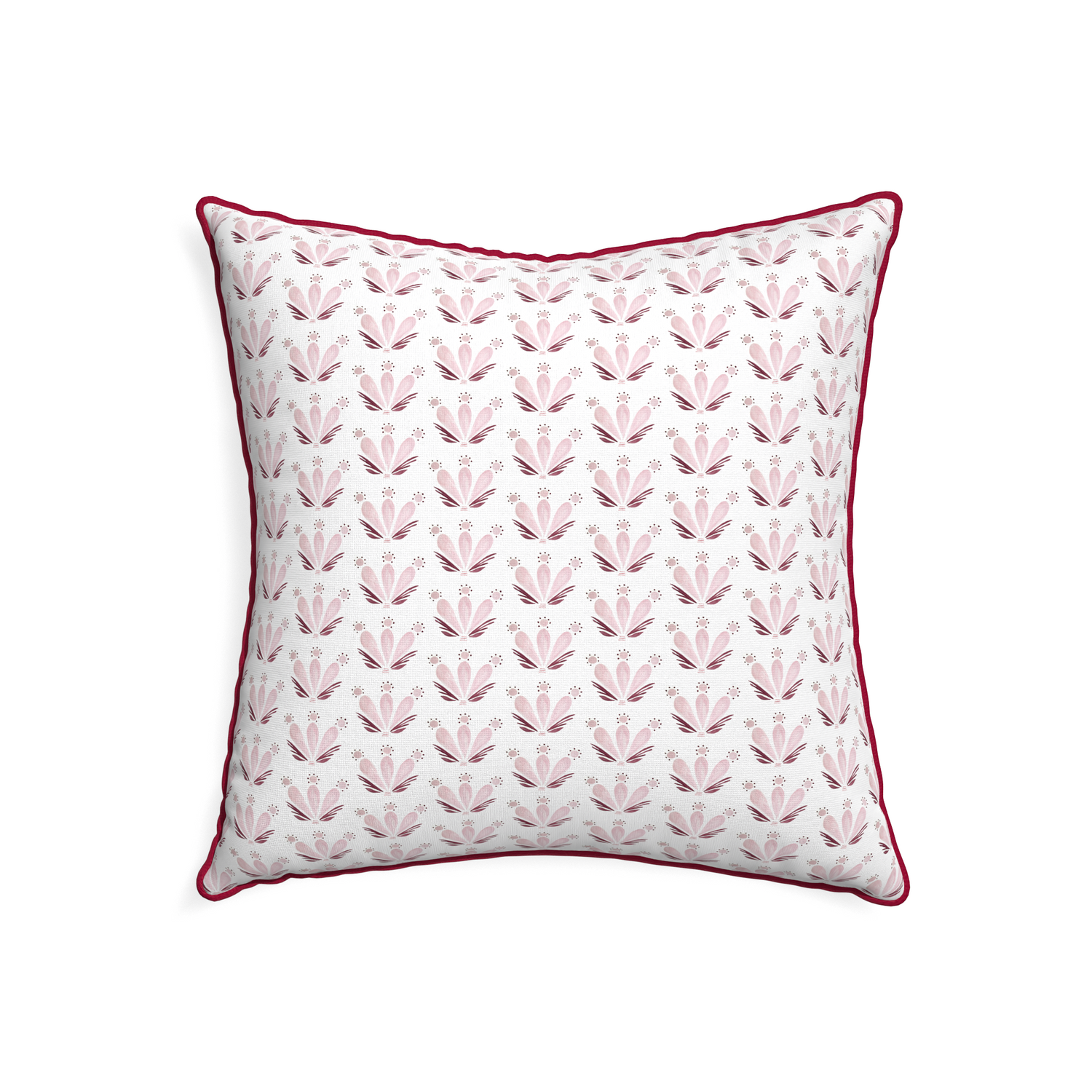 22-square serena pink custom pillow with raspberry piping on white background