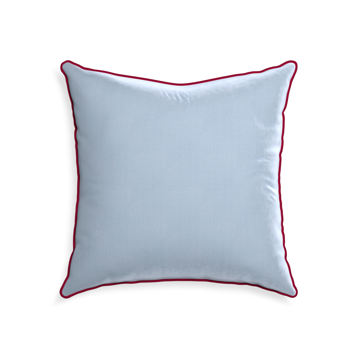square light blue velvet pillow with dark red piping