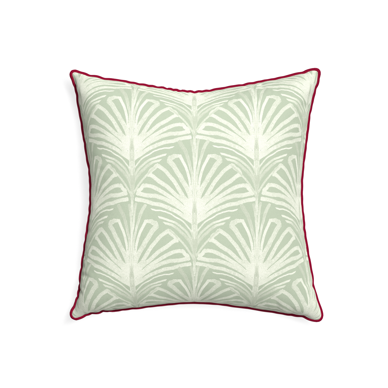 22-square suzy sage custom sage green palmpillow with raspberry piping on white background