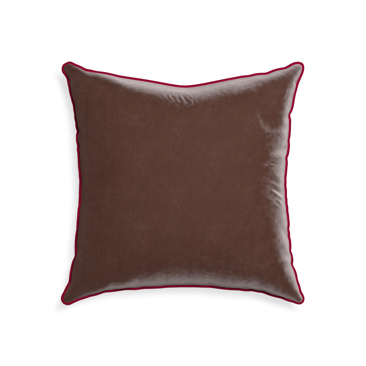 22-square walnut velvet custom pillow with raspberry piping on white background
