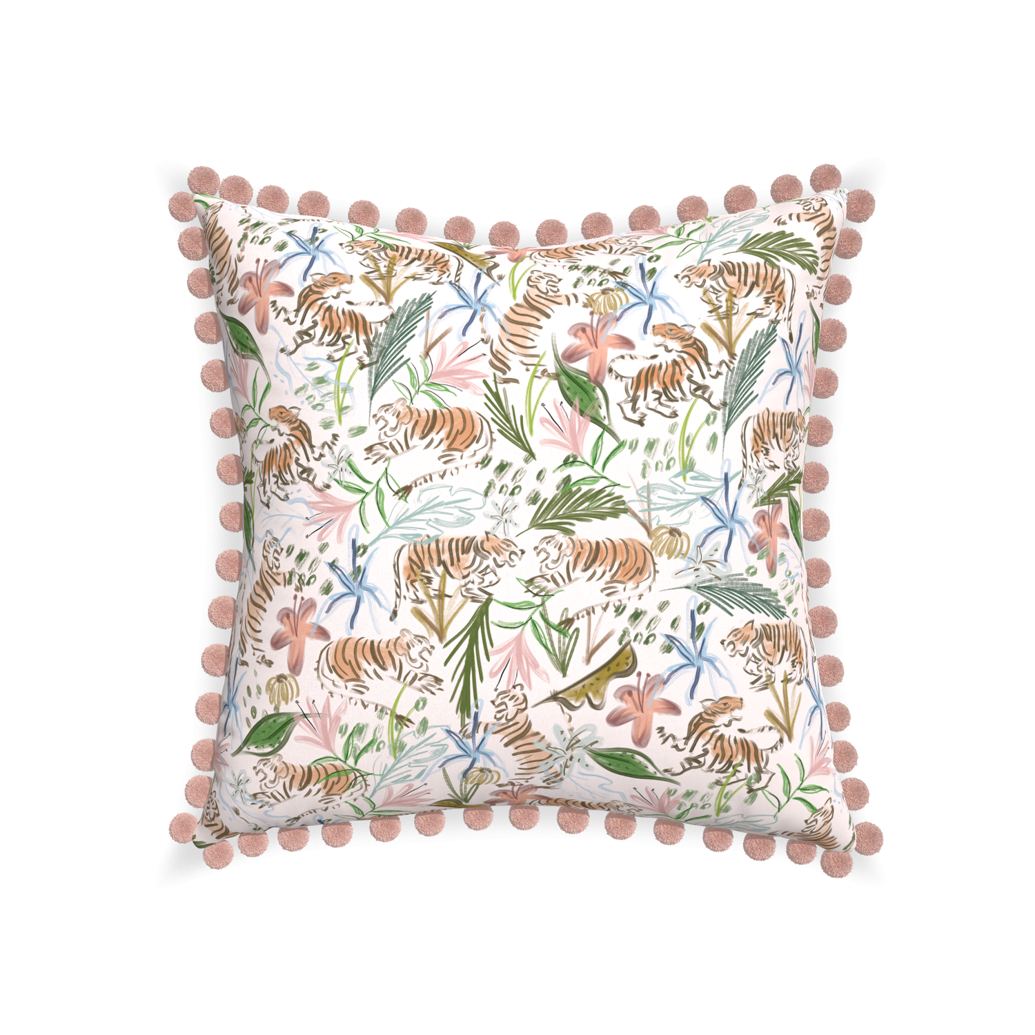 22-square frida pink custom pink chinoiserie tigerpillow with rose pom pom on white background
