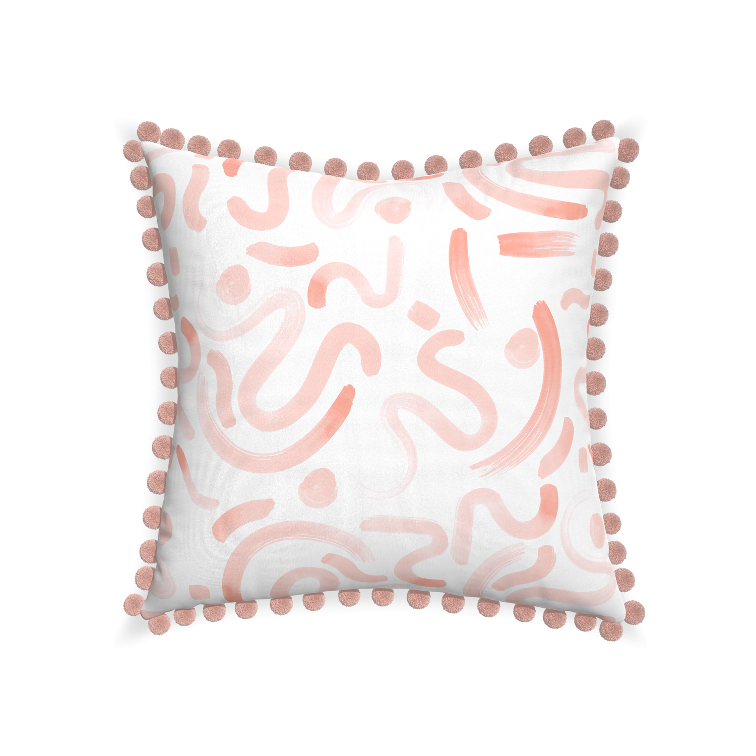 pink abstract pillow with rose pink pom poms