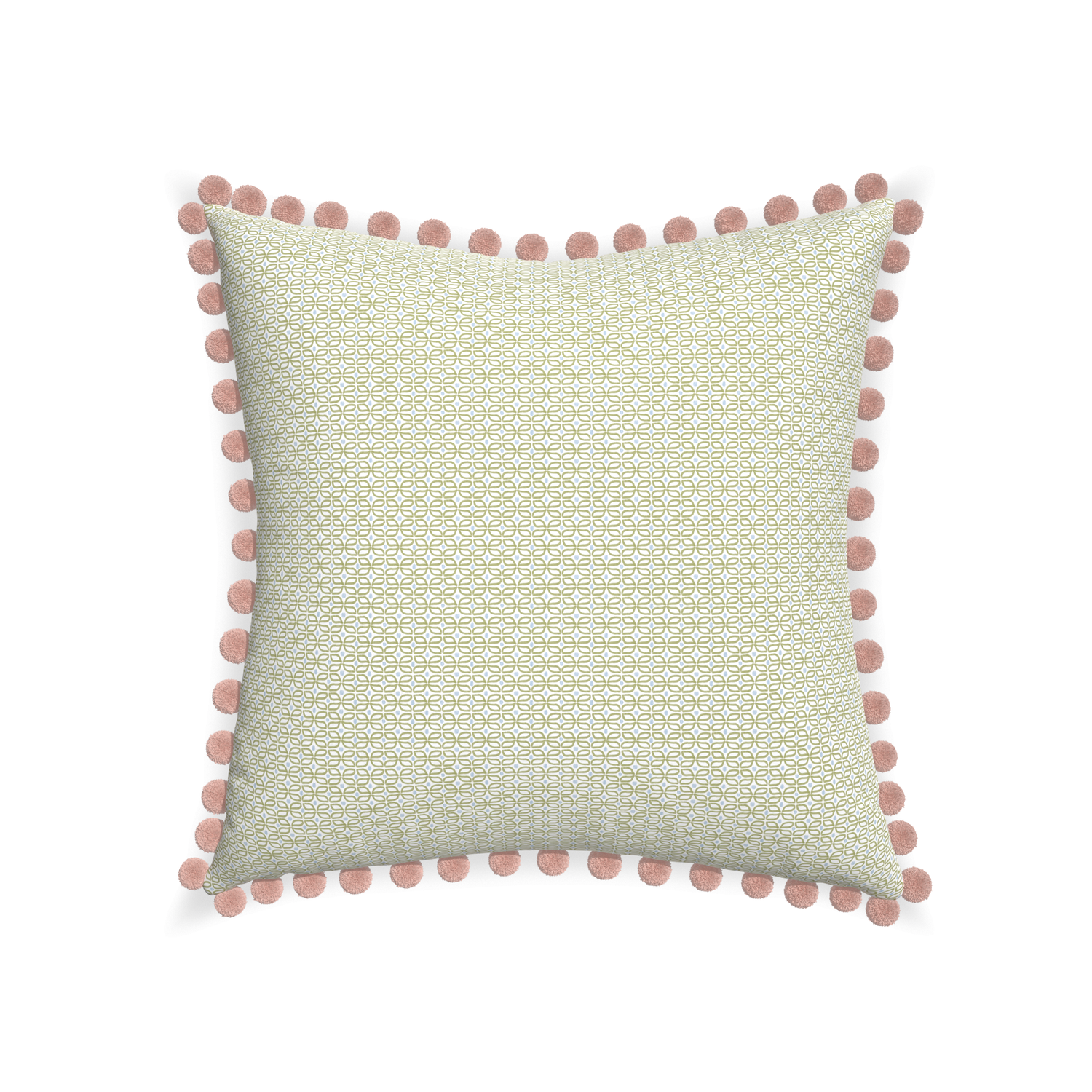 22-square loomi moss custom moss green geometricpillow with rose pom pom on white background