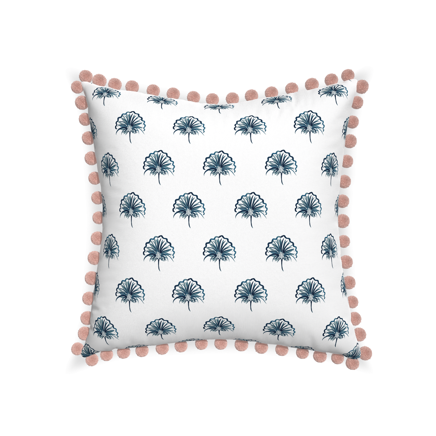 22-square penelope midnight custom floral navypillow with rose pom pom on white background