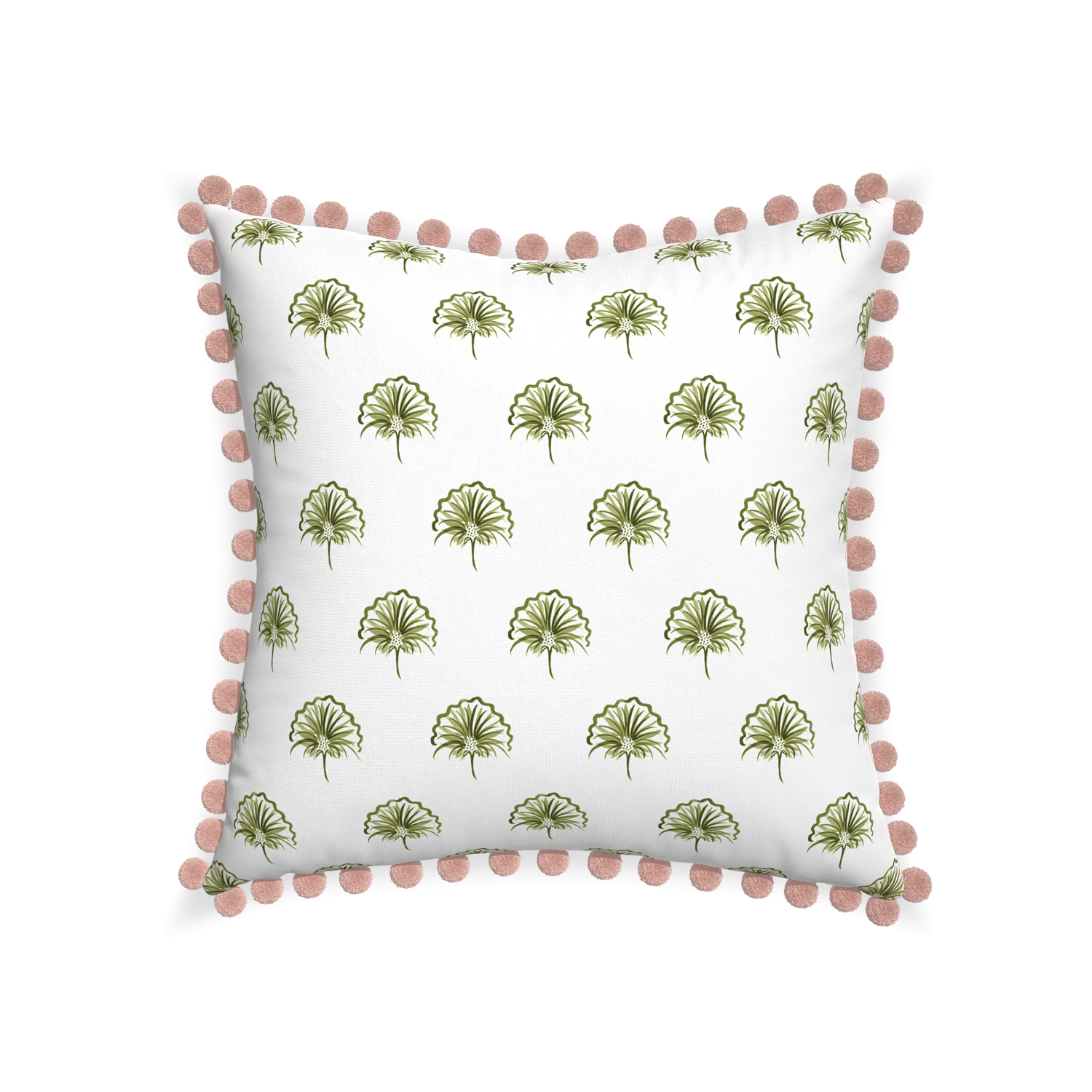 22-square penelope moss custom green floralpillow with rose pom pom on white background