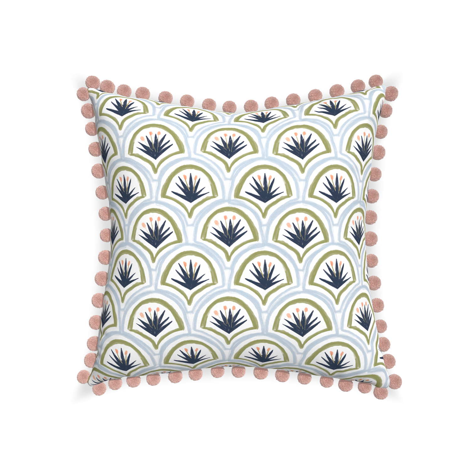 22-square thatcher midnight custom art deco palm patternpillow with rose pom pom on white background