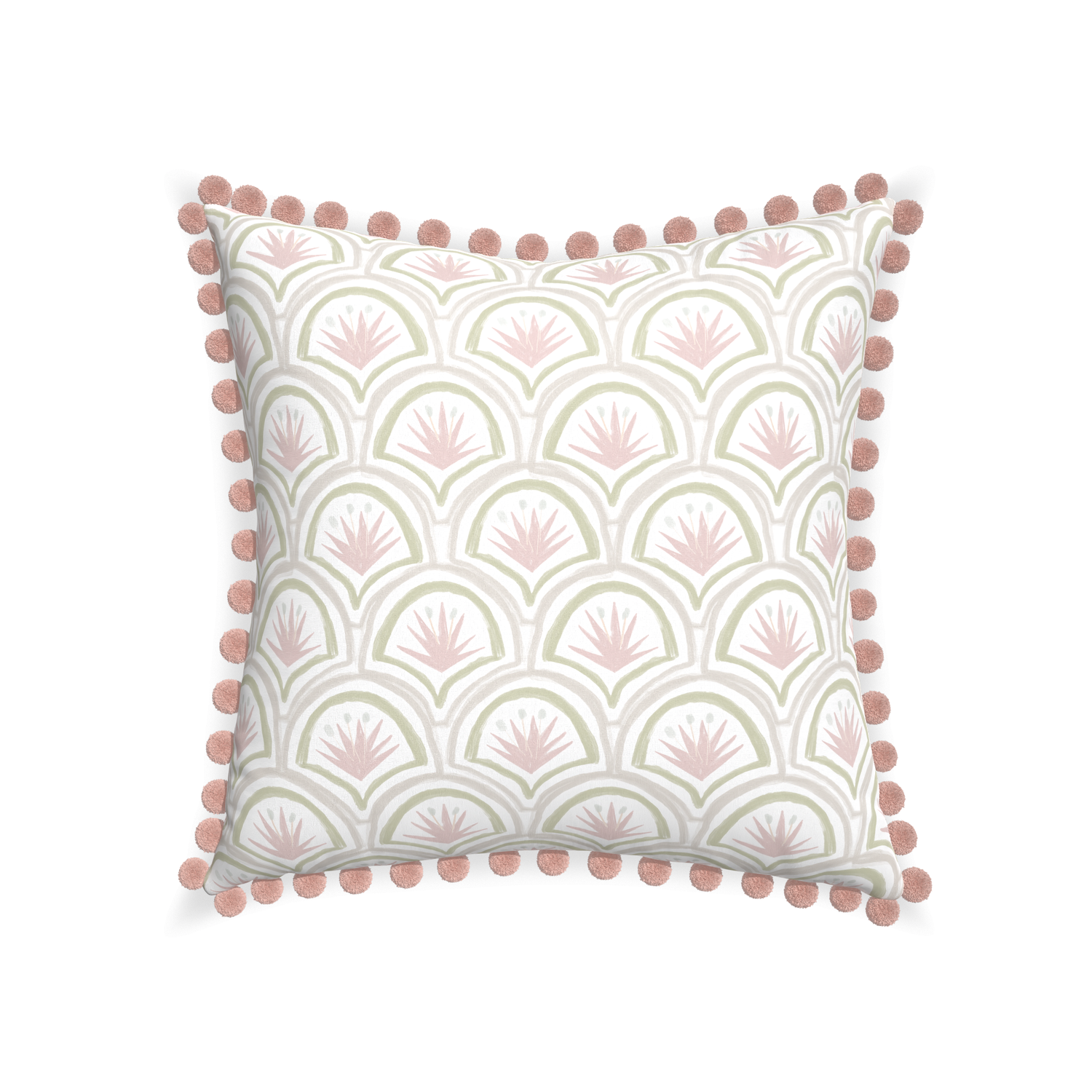 pink and green art deco palm pillow with rose pink pom poms