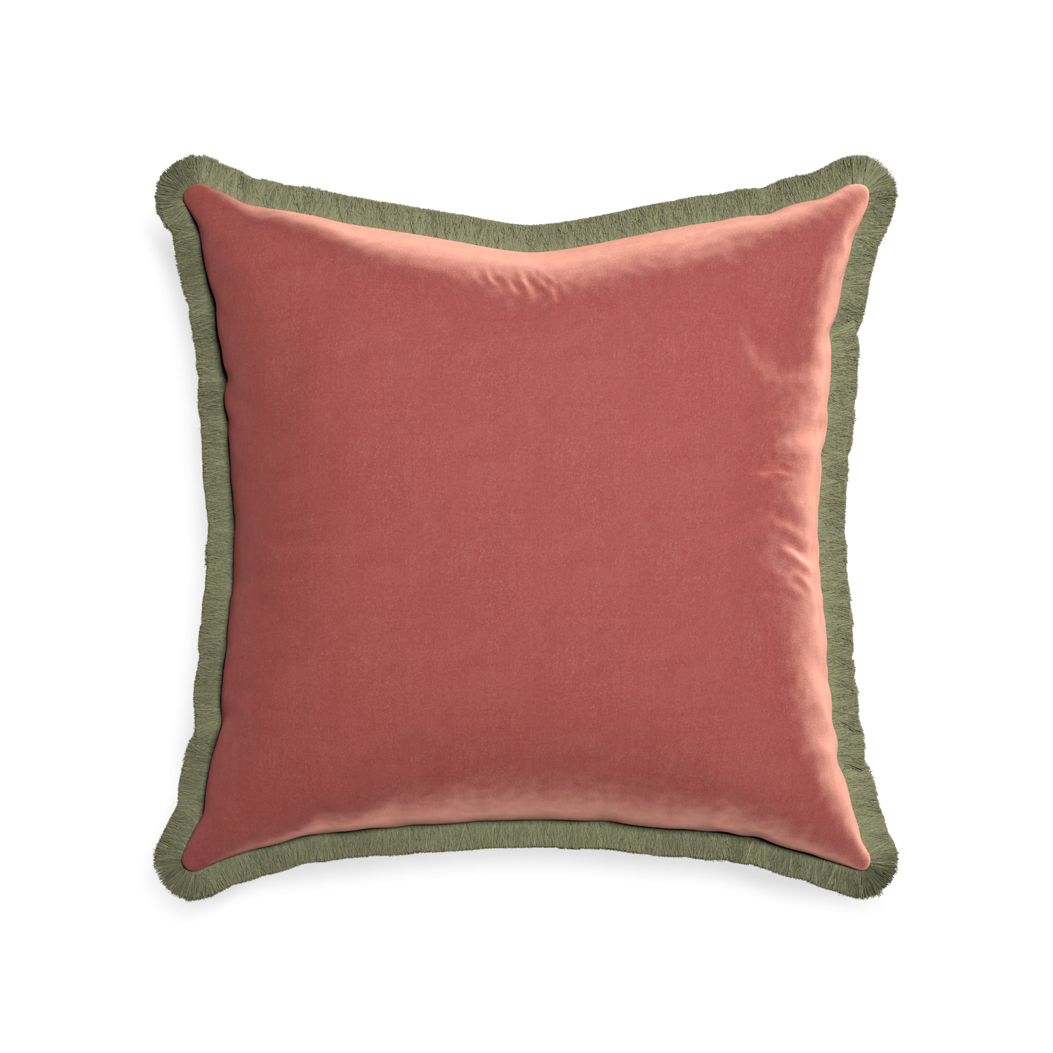 square coral velvet pillow with sage green fringe