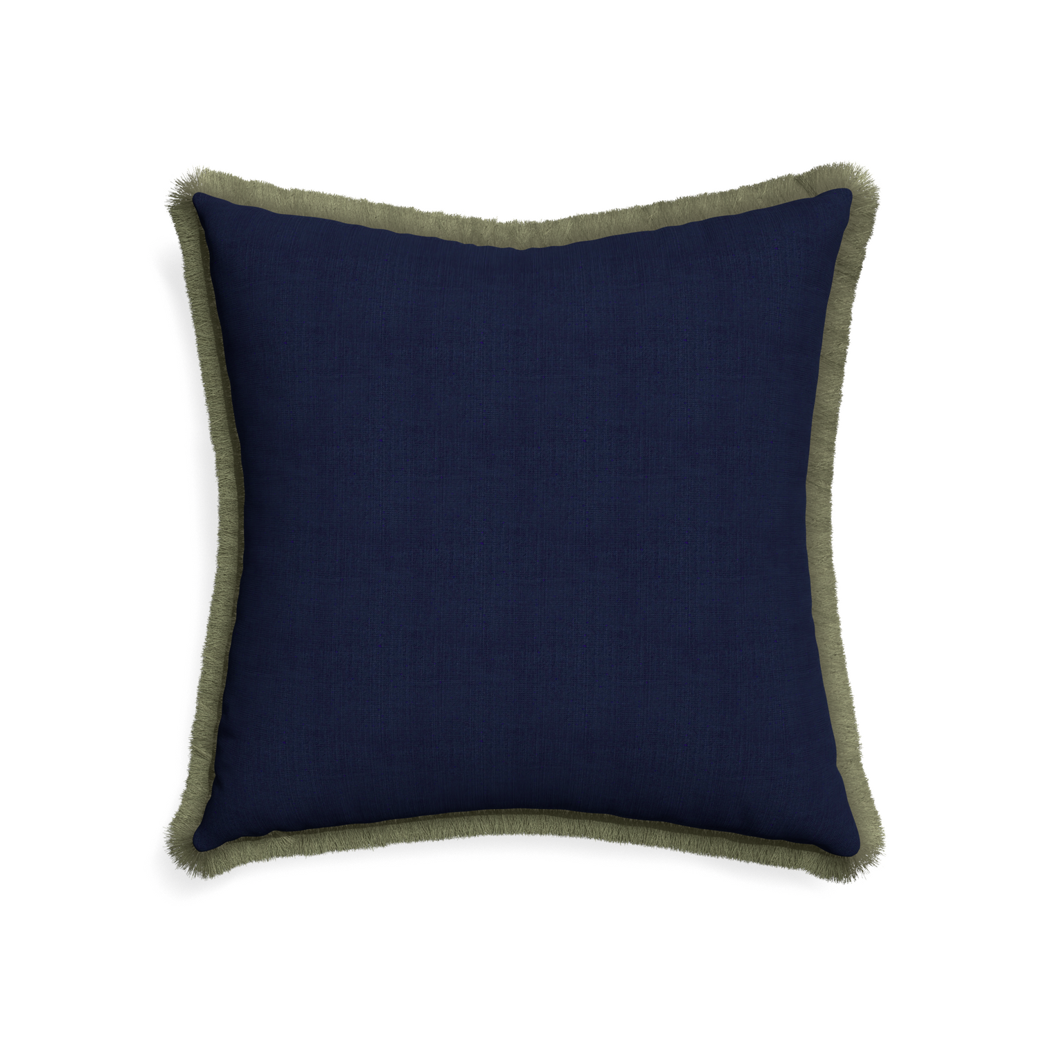 22-square midnight custom pillow with sage fringe on white background