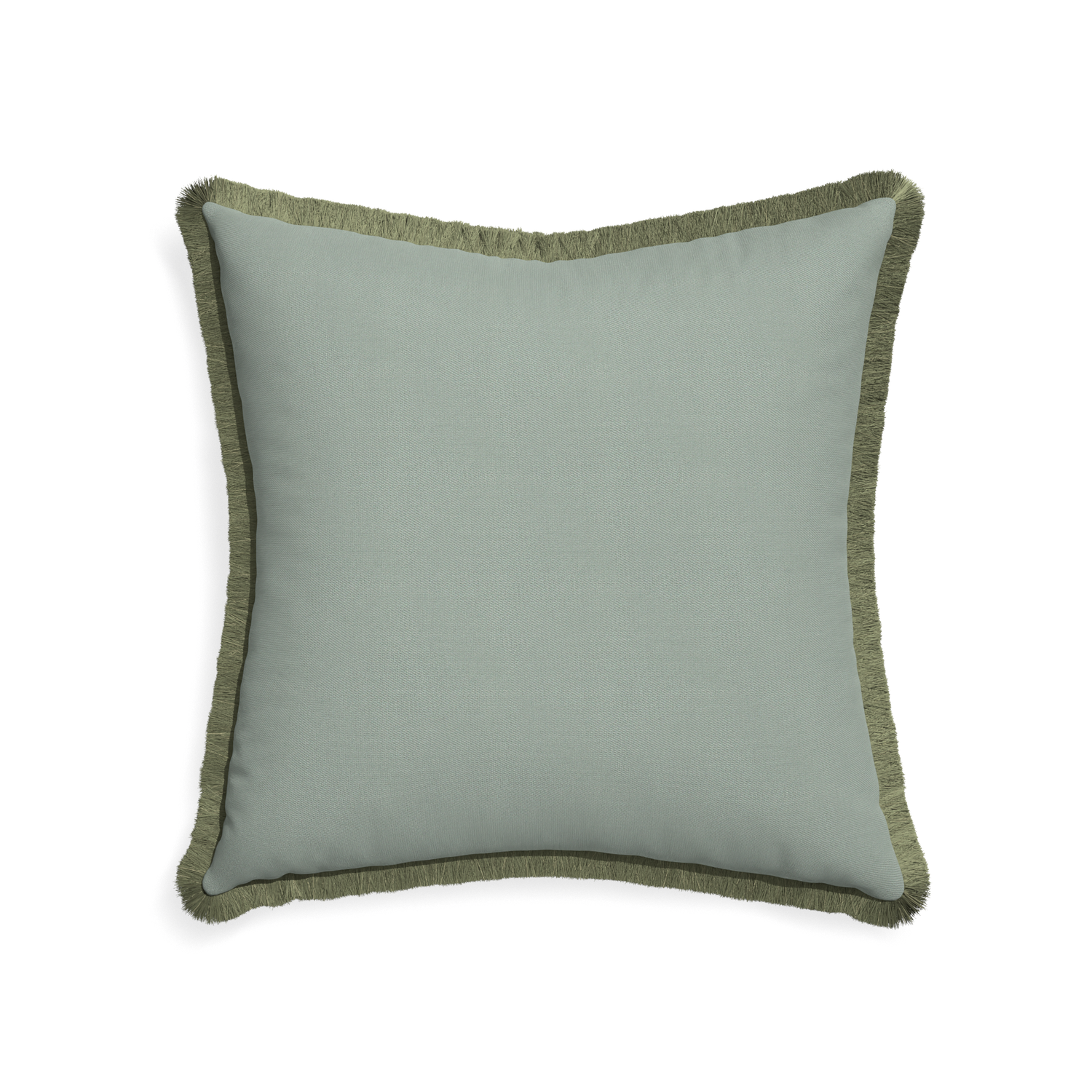 22-square sage custom pillow with sage fringe on white background