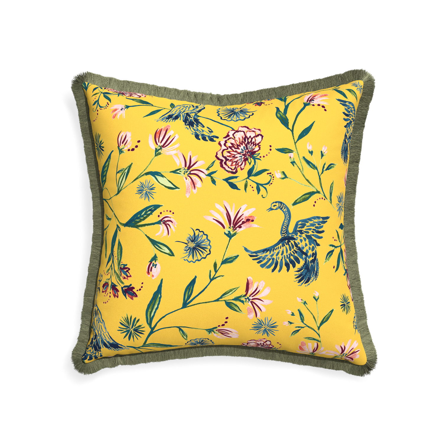 22-square daphne canary custom pillow with sage fringe on white background