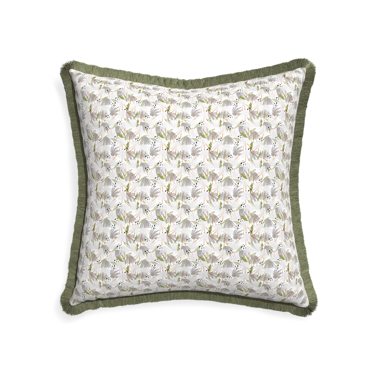 22-square eden grey custom pillow with sage fringe on white background