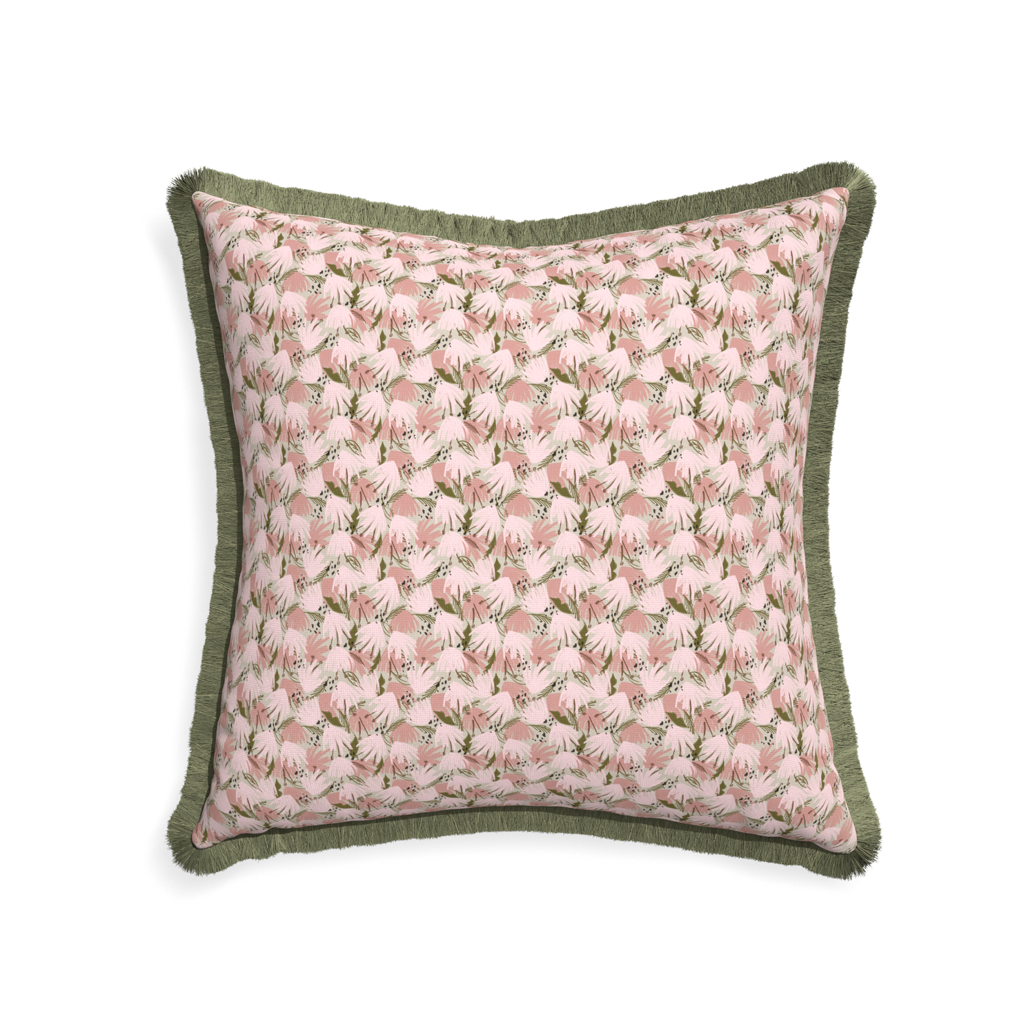 22-square eden pink custom pillow with sage fringe on white background