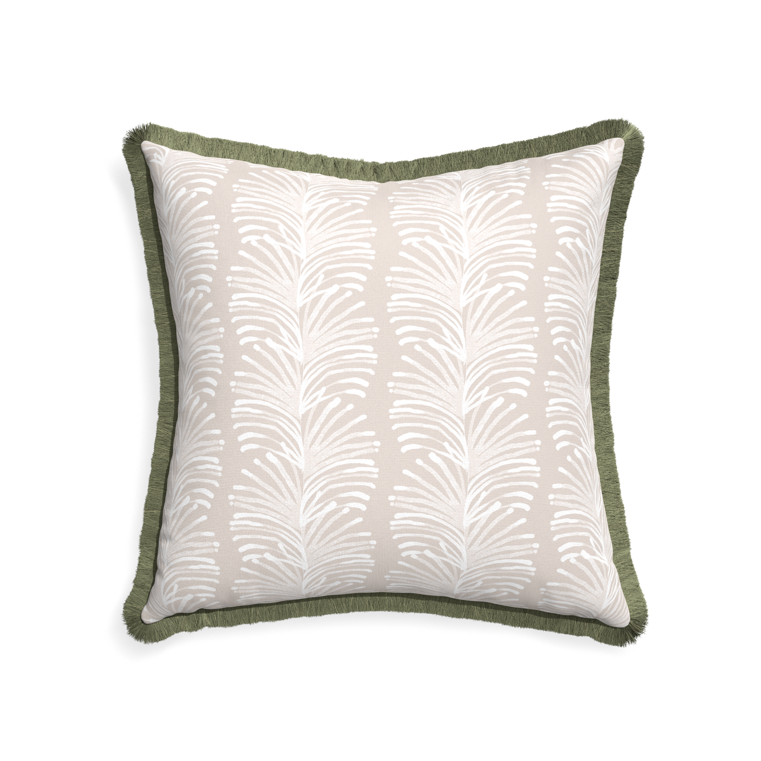 22-square emma sand custom pillow with sage fringe on white background