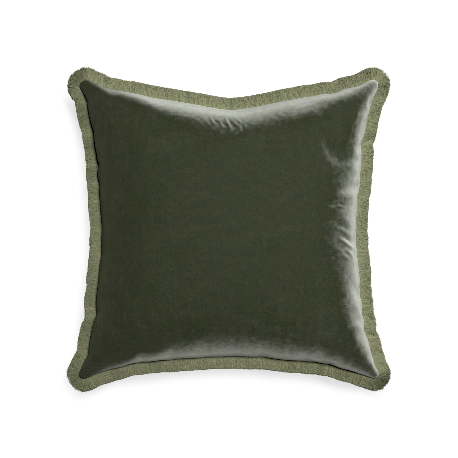 22-square fern velvet custom pillow with sage fringe on white background