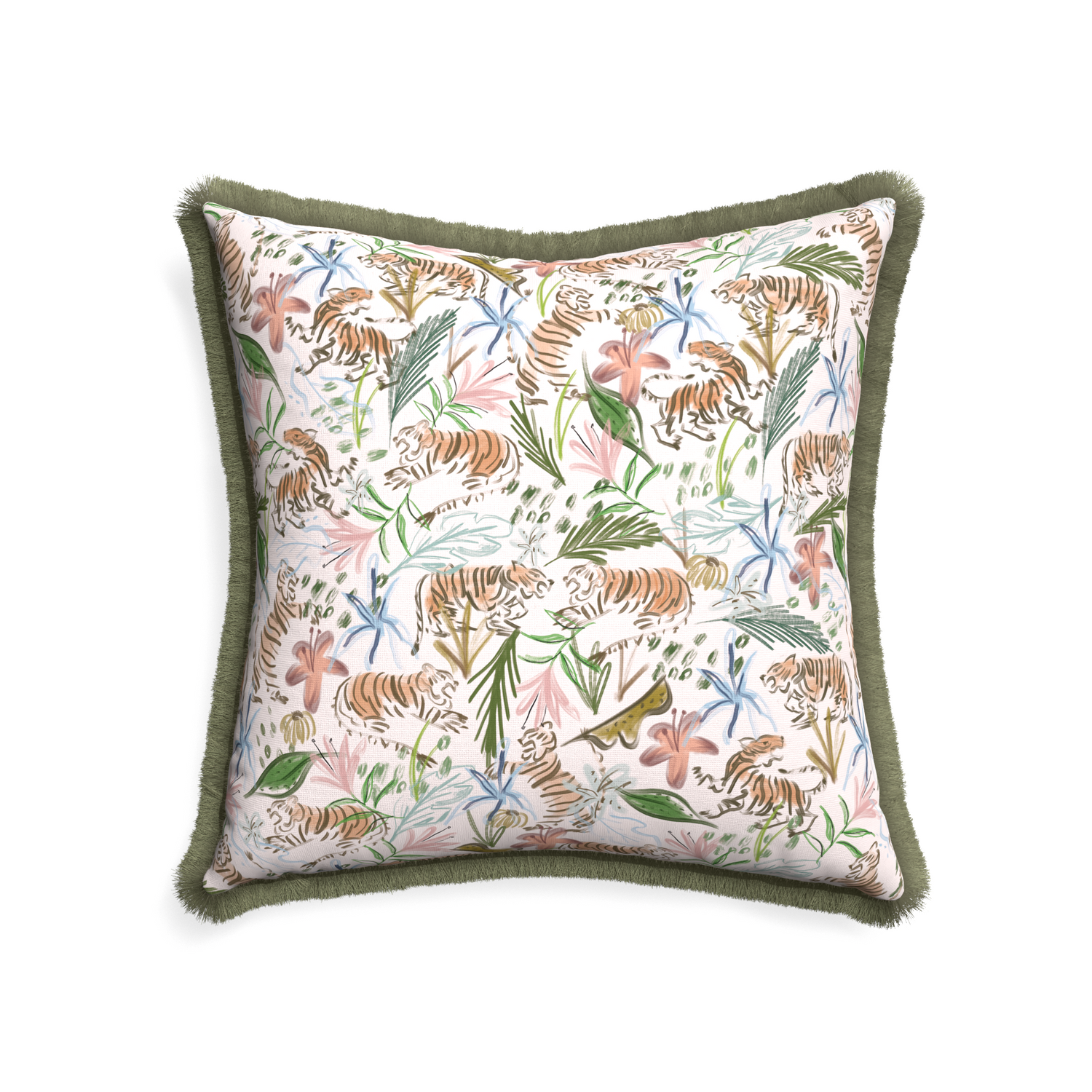 22-square frida pink custom pink chinoiserie tigerpillow with sage fringe on white background