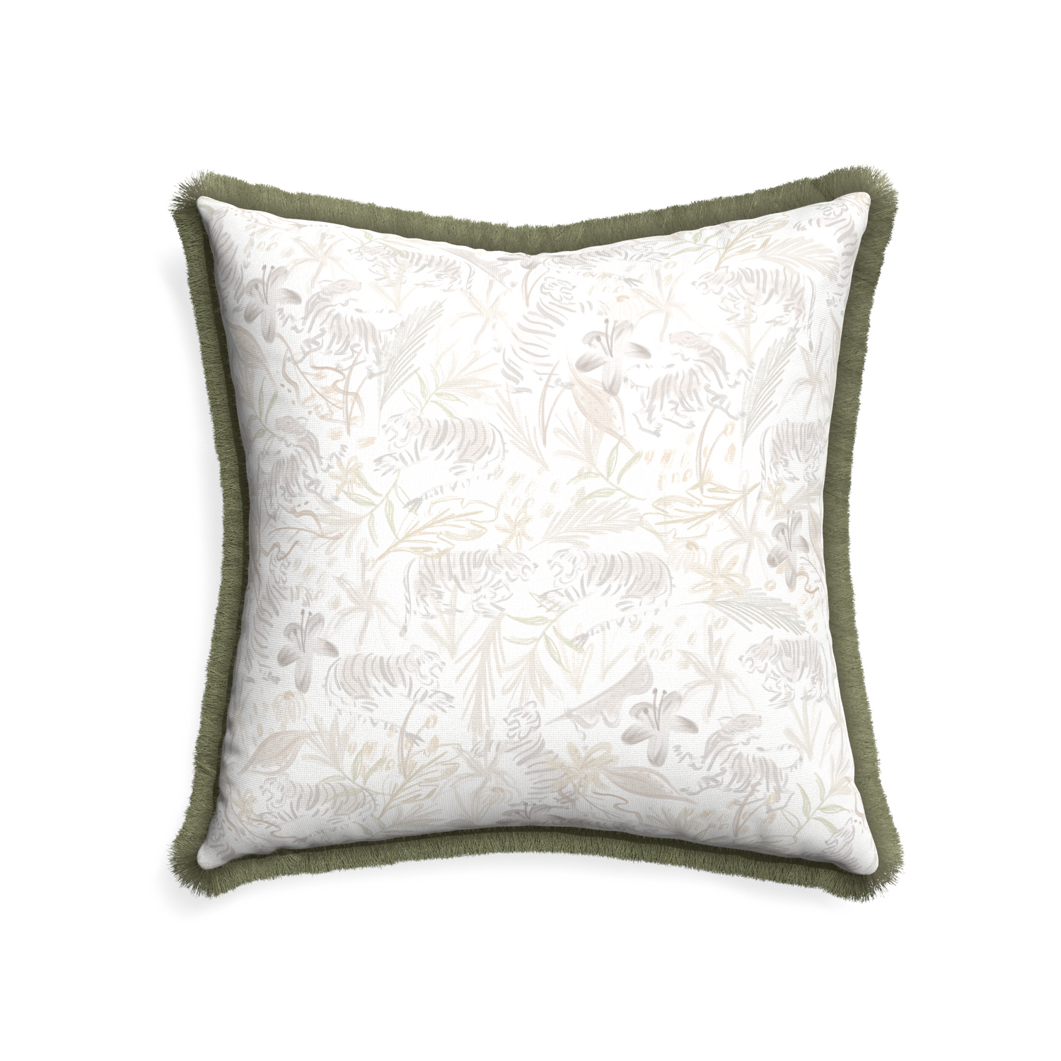 22-square frida sand custom pillow with sage fringe on white background