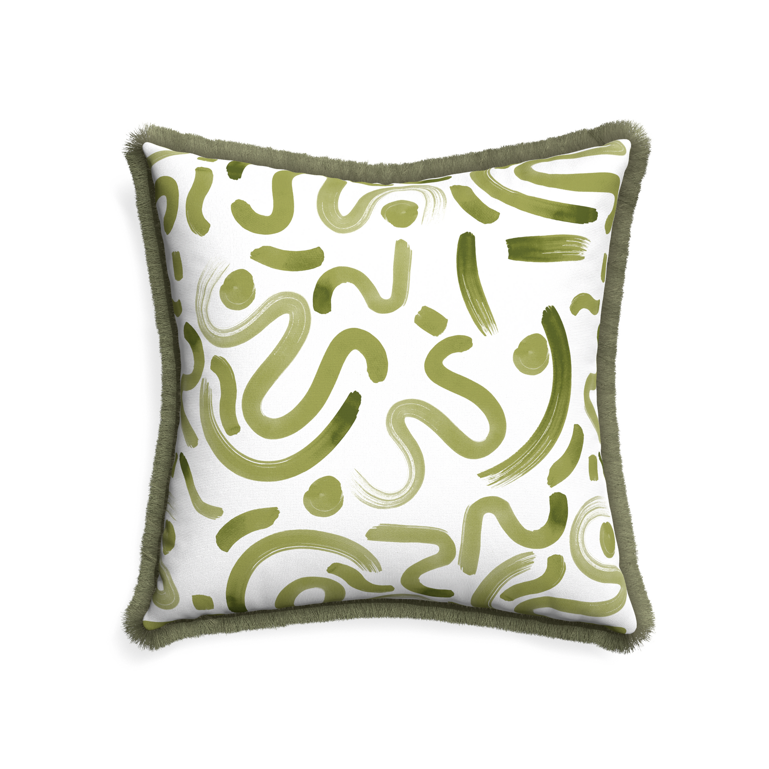 22-square hockney moss custom pillow with sage fringe on white background