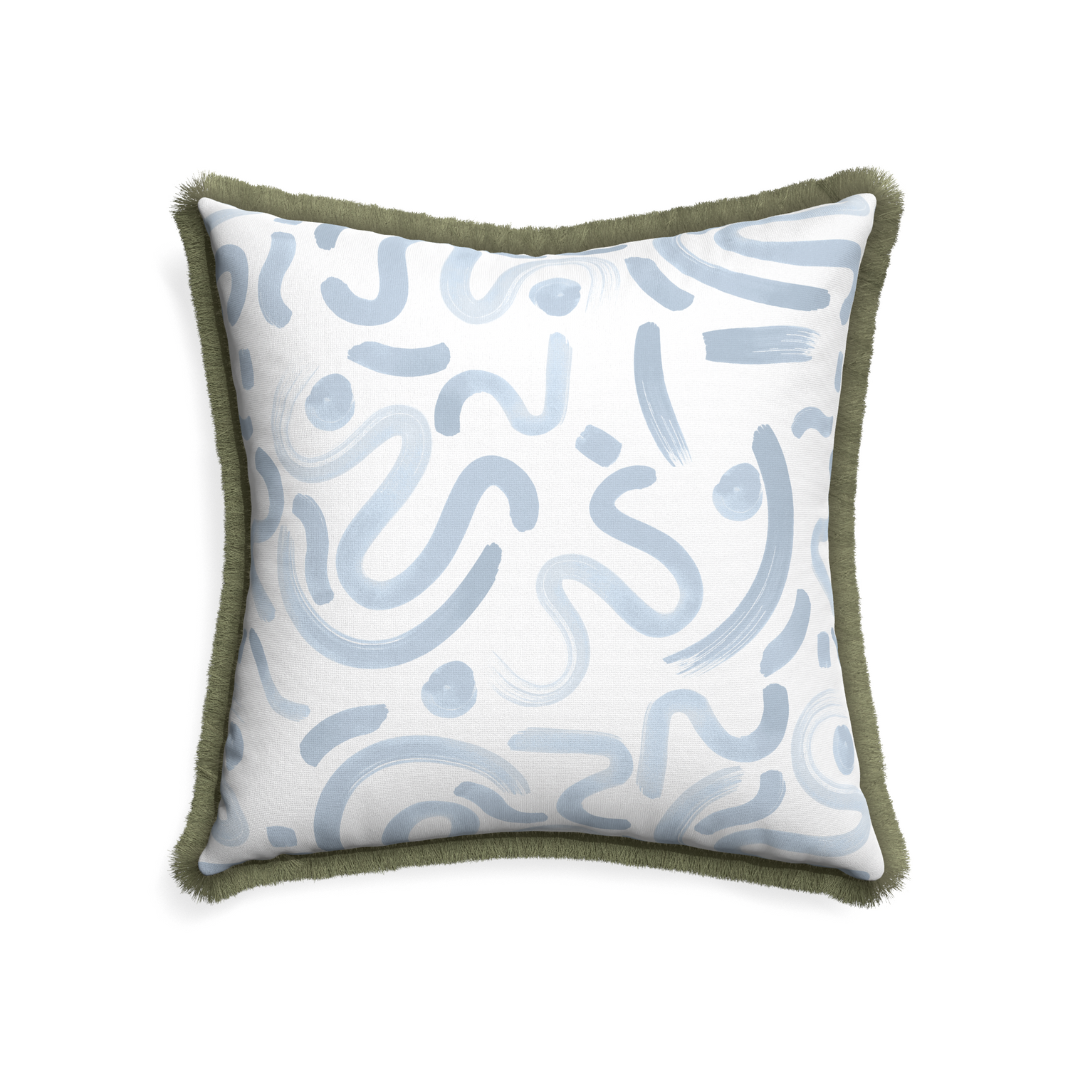 22-square hockney sky custom pillow with sage fringe on white background