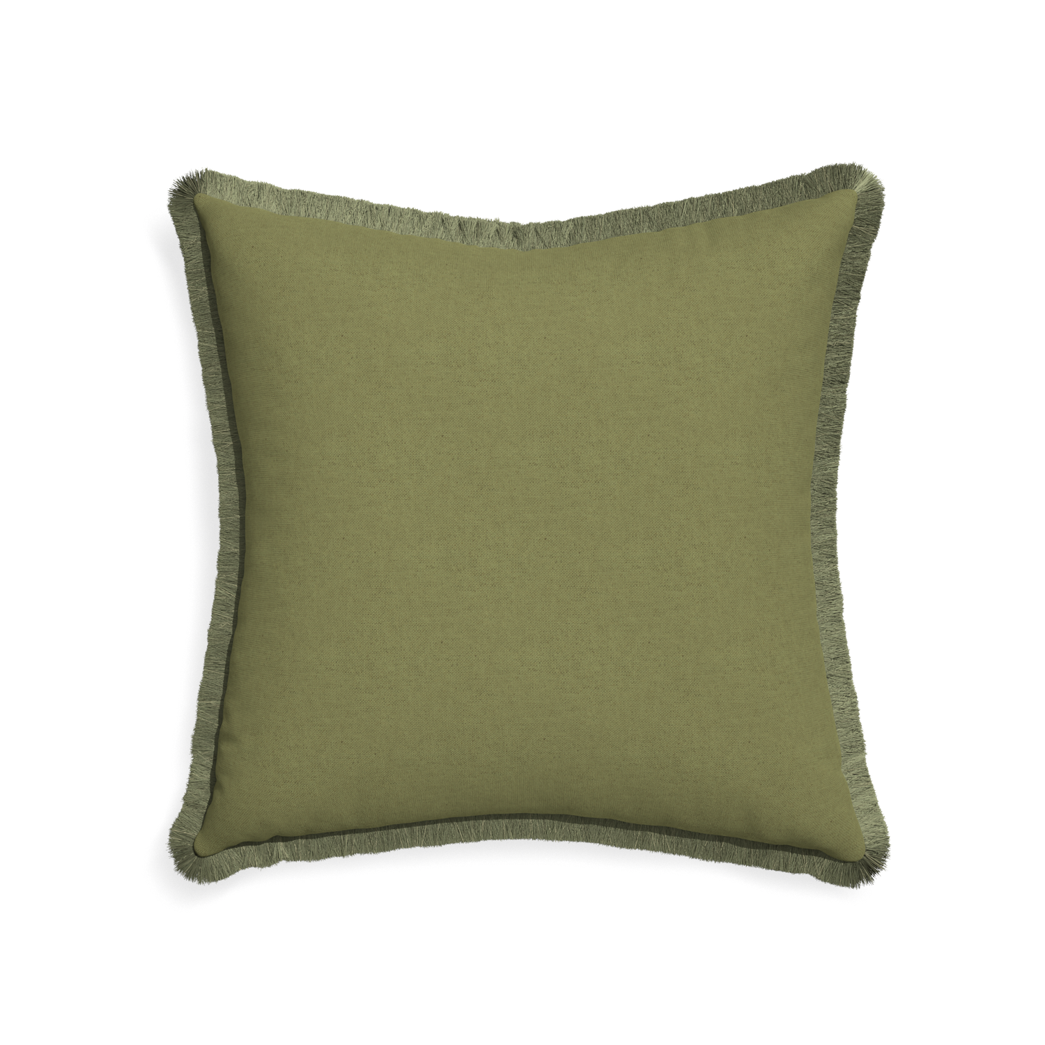 22-square moss custom moss greenpillow with sage fringe on white background