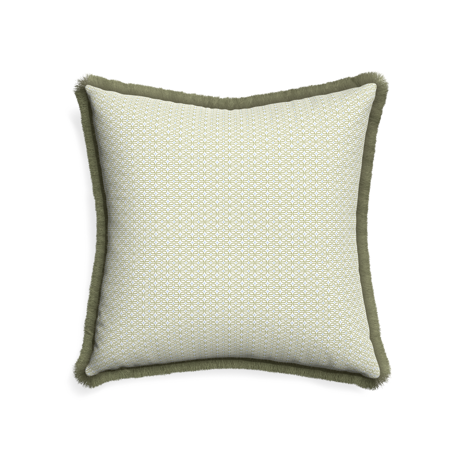 22-square loomi moss custom moss green geometricpillow with sage fringe on white background