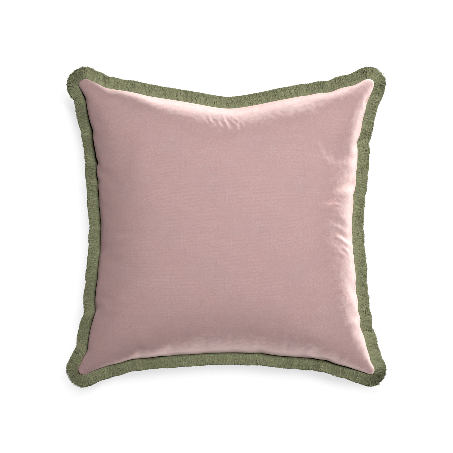 22-square mauve velvet custom pillow with sage fringe on white background