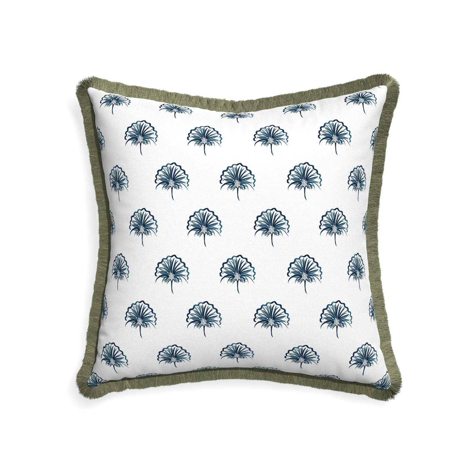 22-square penelope midnight custom pillow with sage fringe on white background