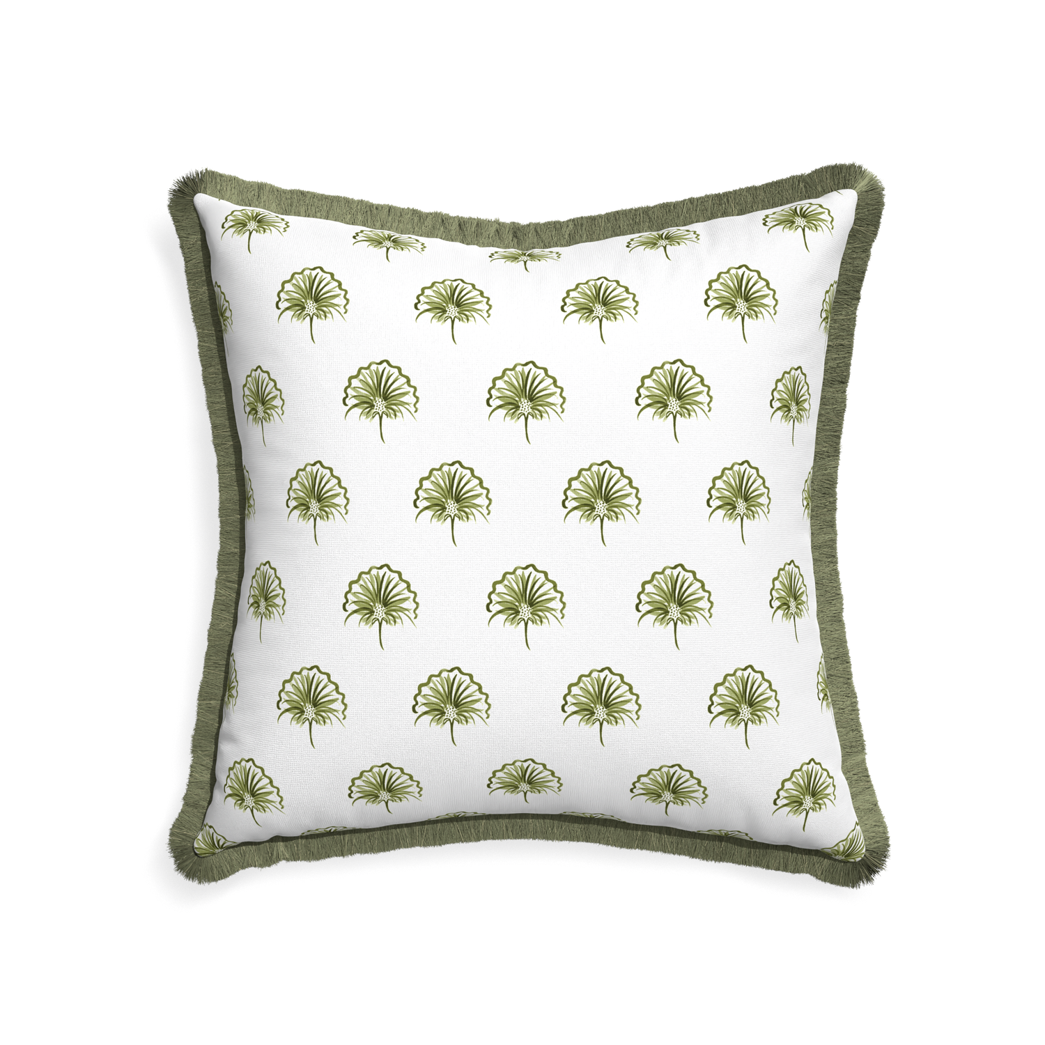 22-square penelope moss custom green floralpillow with sage fringe on white background