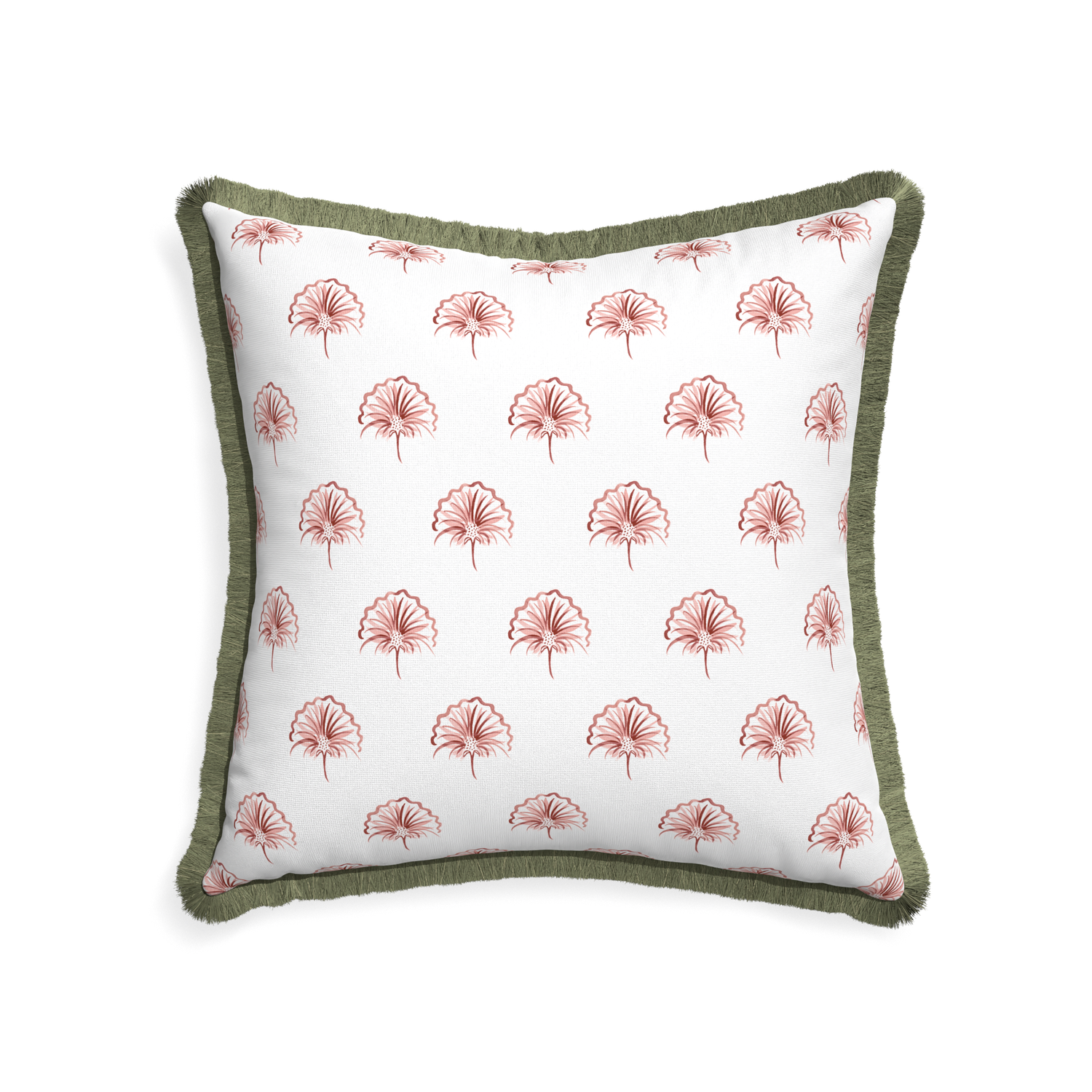 22-square penelope rose custom pillow with sage fringe on white background