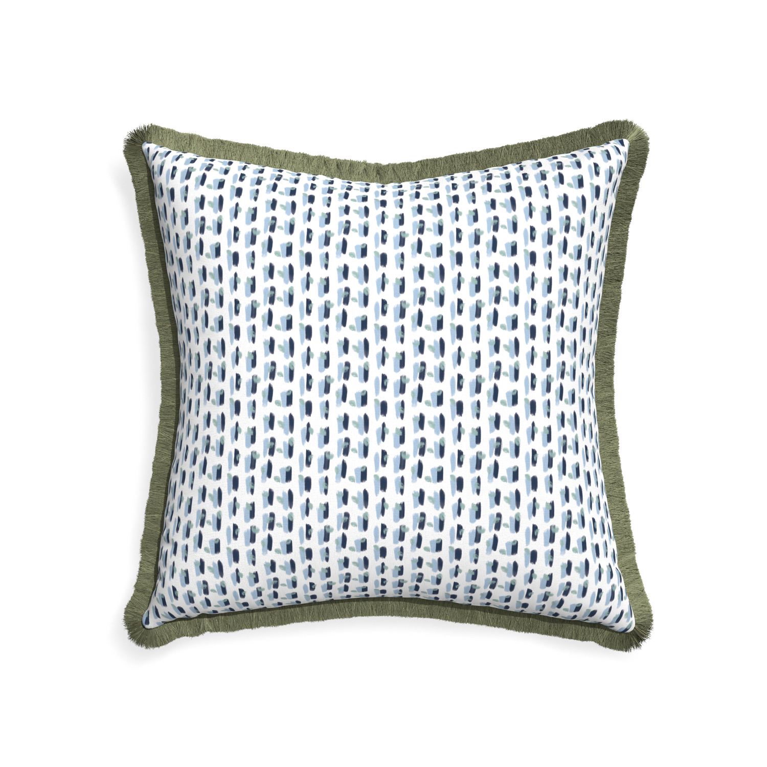 22-square poppy blue custom pillow with sage fringe on white background