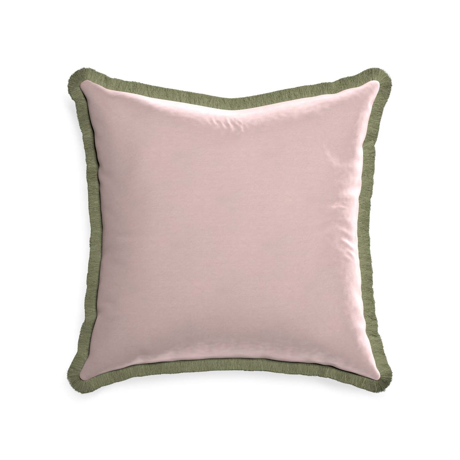 square light pink velvet pillow with sage green fringe