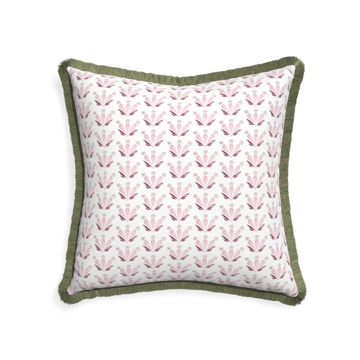 22-square serena pink custom pink & burgundy drop repeat floralpillow with sage fringe on white background