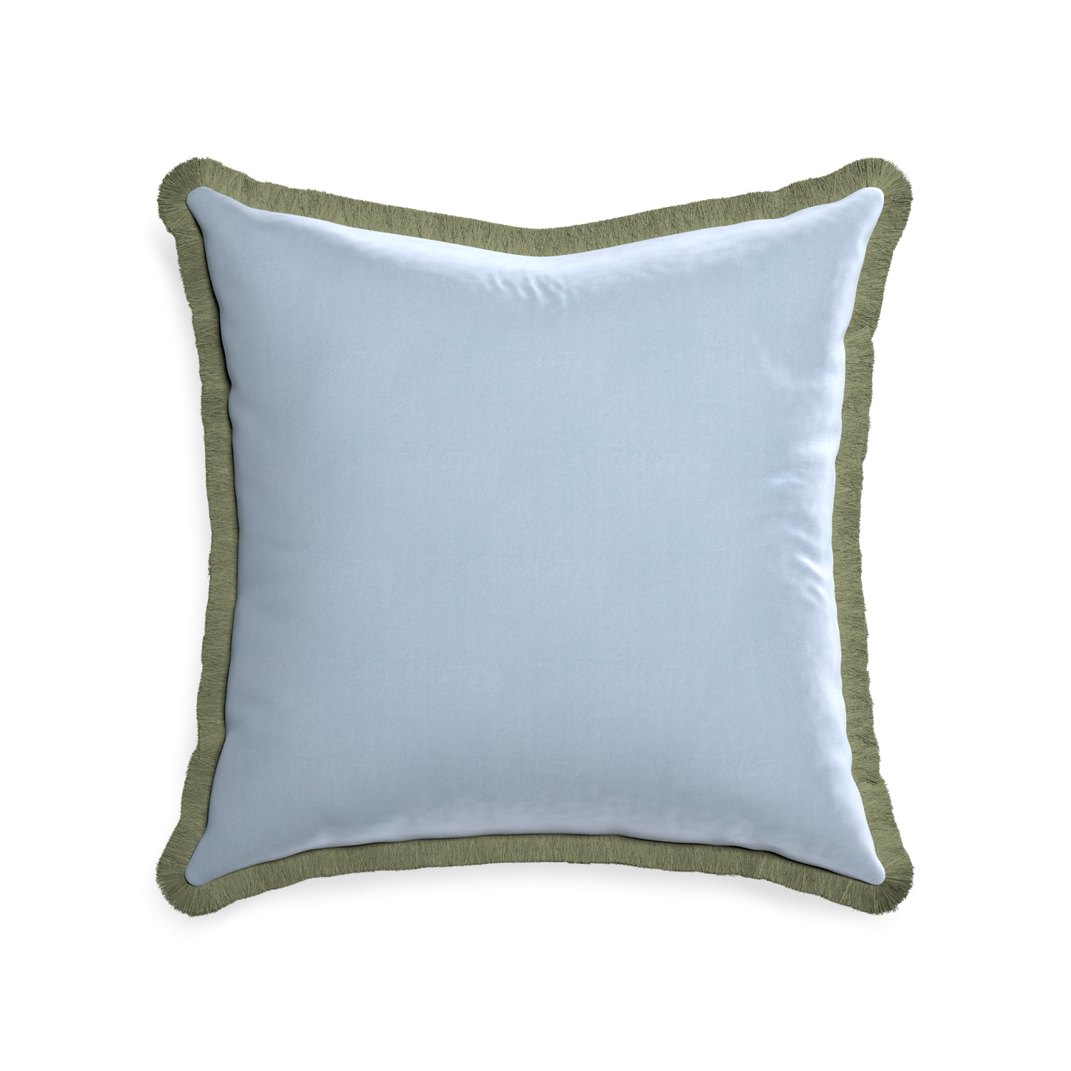 22-square sky velvet custom pillow with sage fringe on white background