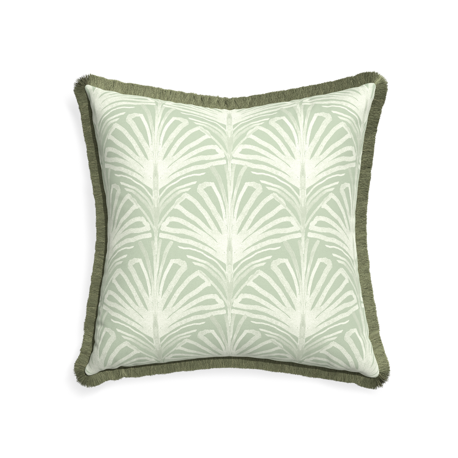 22-square suzy sage custom pillow with sage fringe on white background