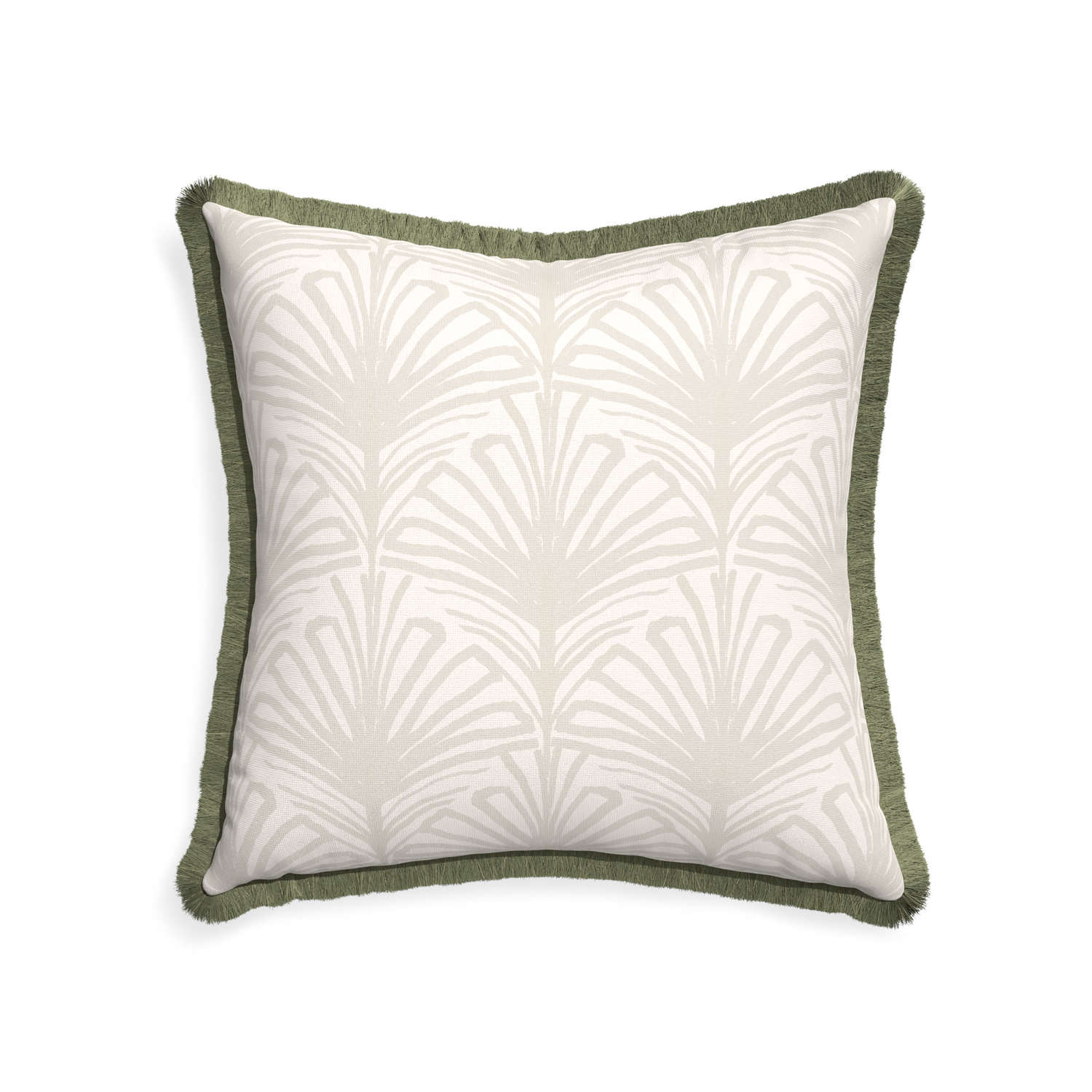 22-square suzy sand custom pillow with sage fringe on white background