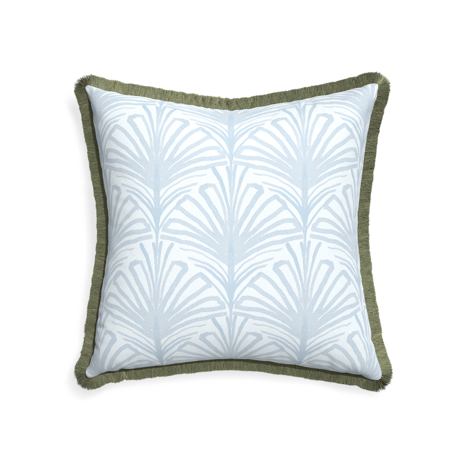 22-square suzy sky custom pillow with sage fringe on white background