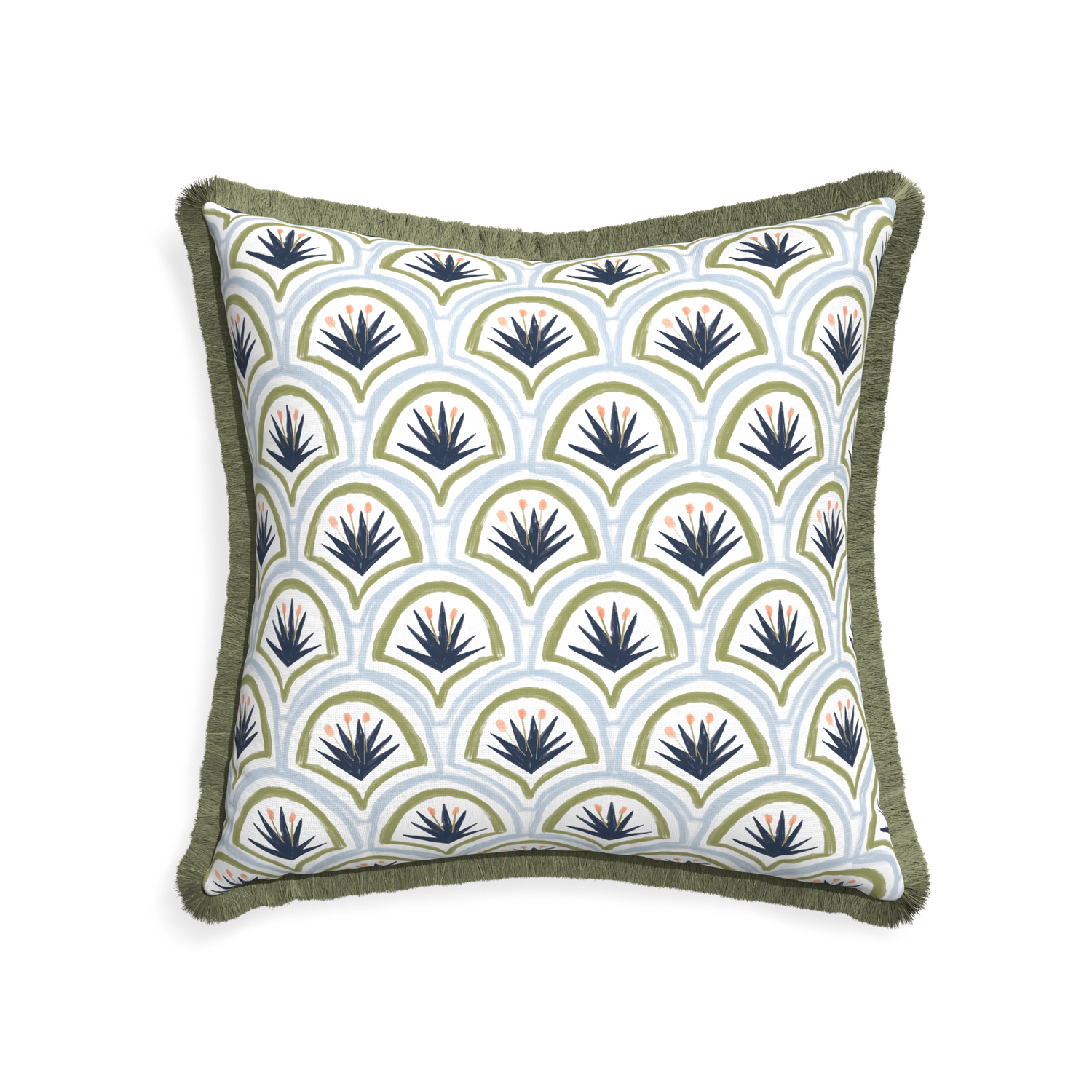 22-square thatcher midnight custom art deco palm patternpillow with sage fringe on white background
