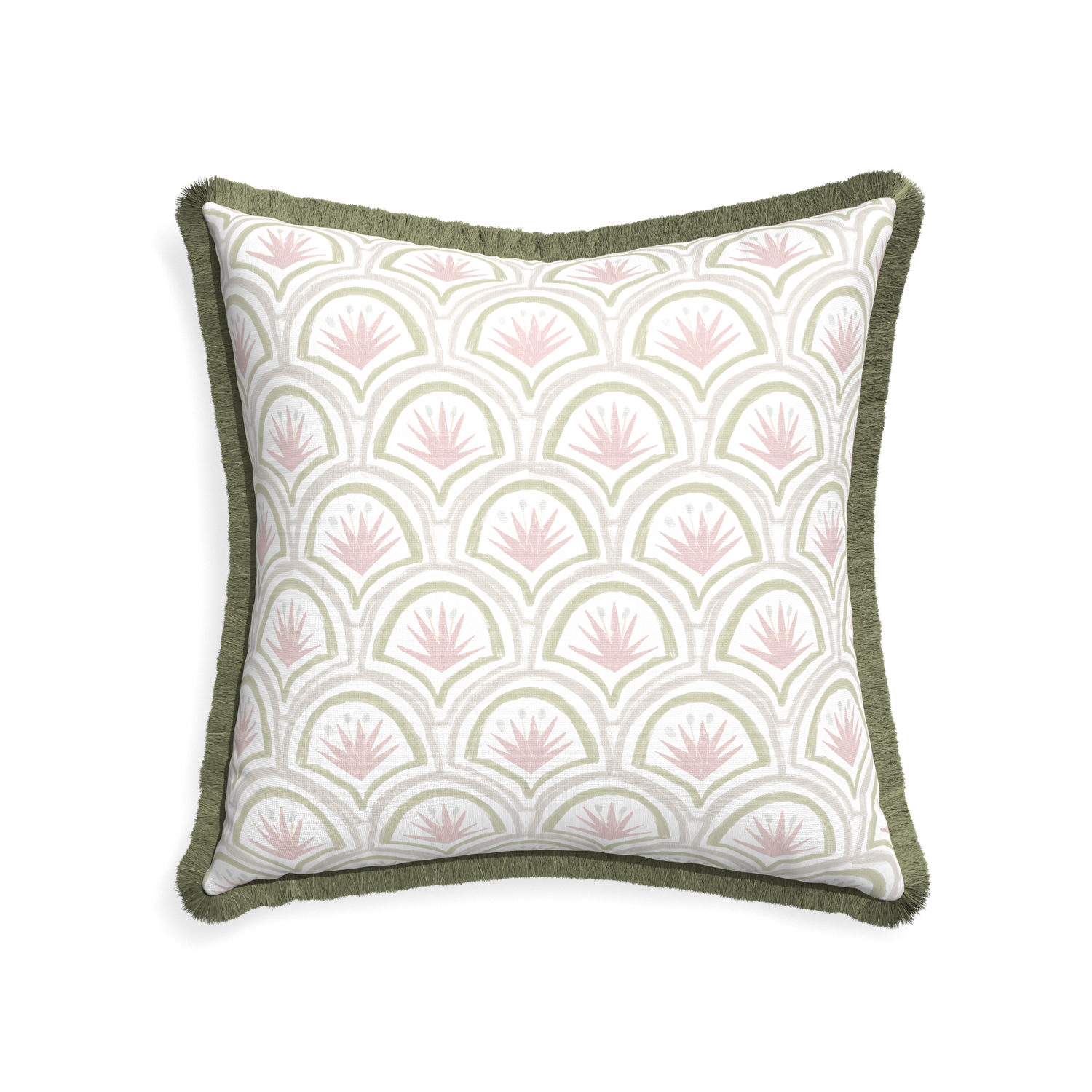 22-square thatcher rose custom pink & green palmpillow with sage fringe on white background