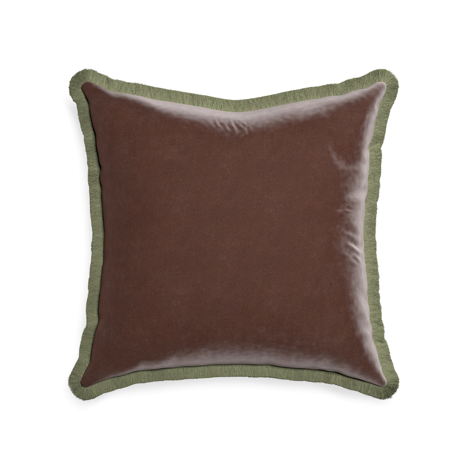 22-square walnut velvet custom pillow with sage fringe on white background