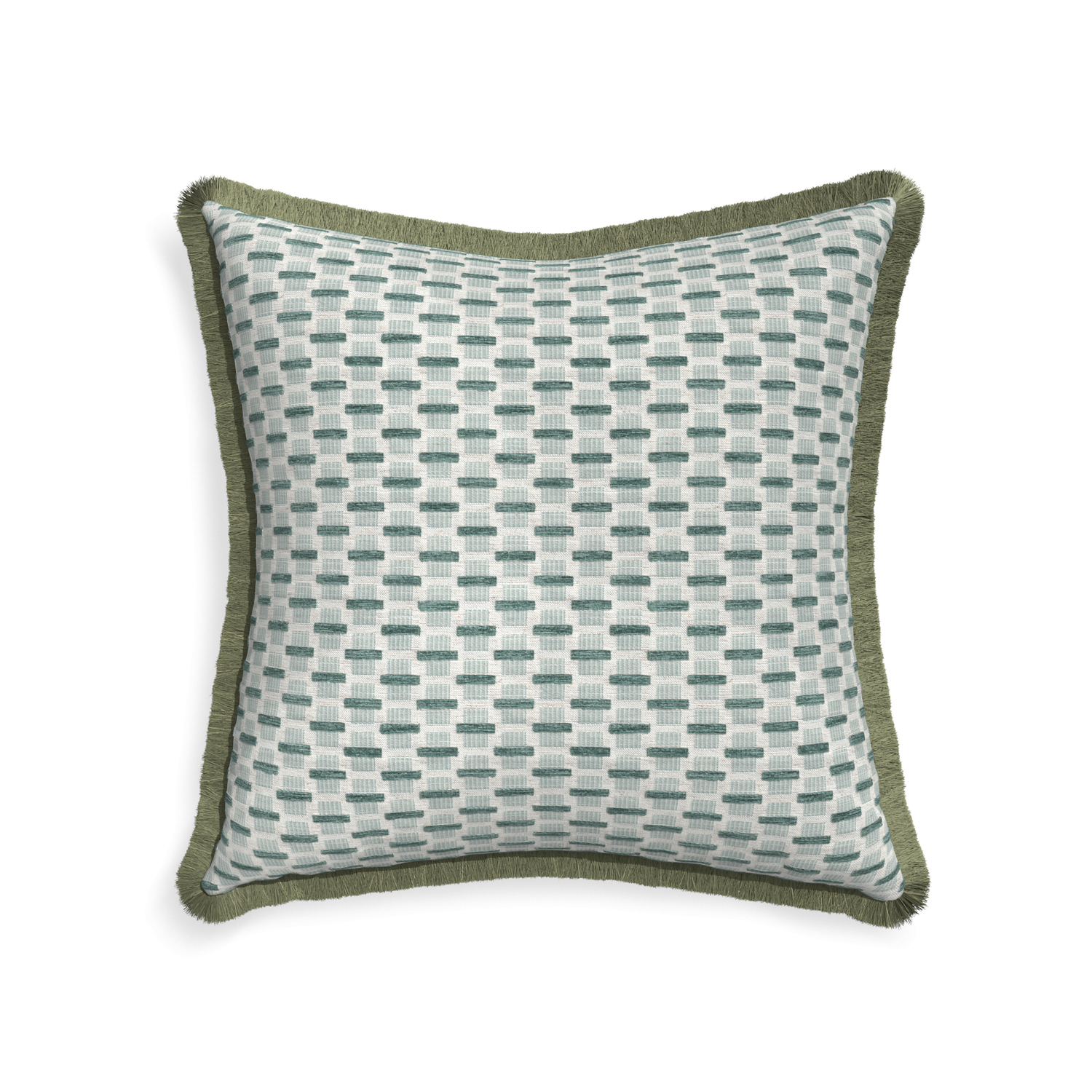 22-square willow mint custom green geometric chenillepillow with sage fringe on white background