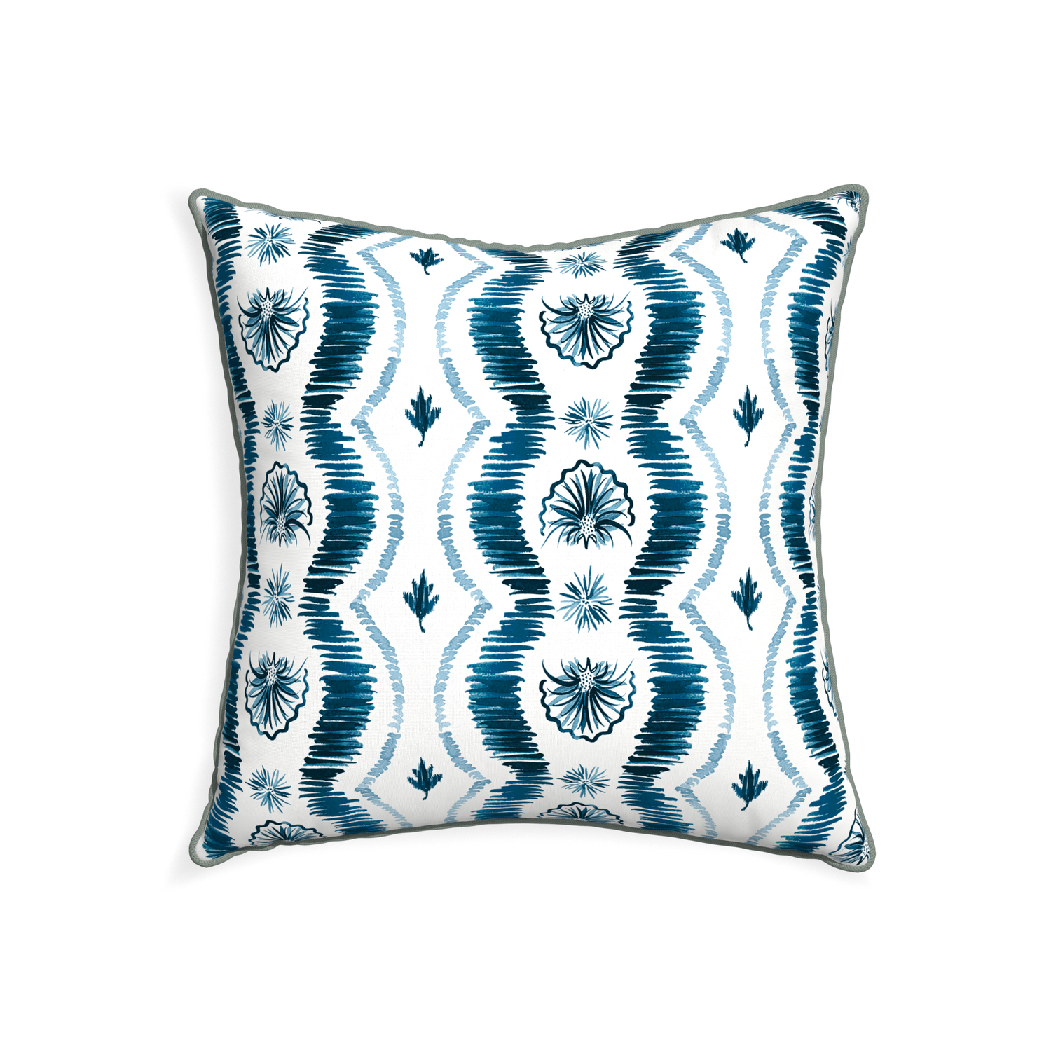 22-square alice custom blue ikatpillow with sage piping on white background