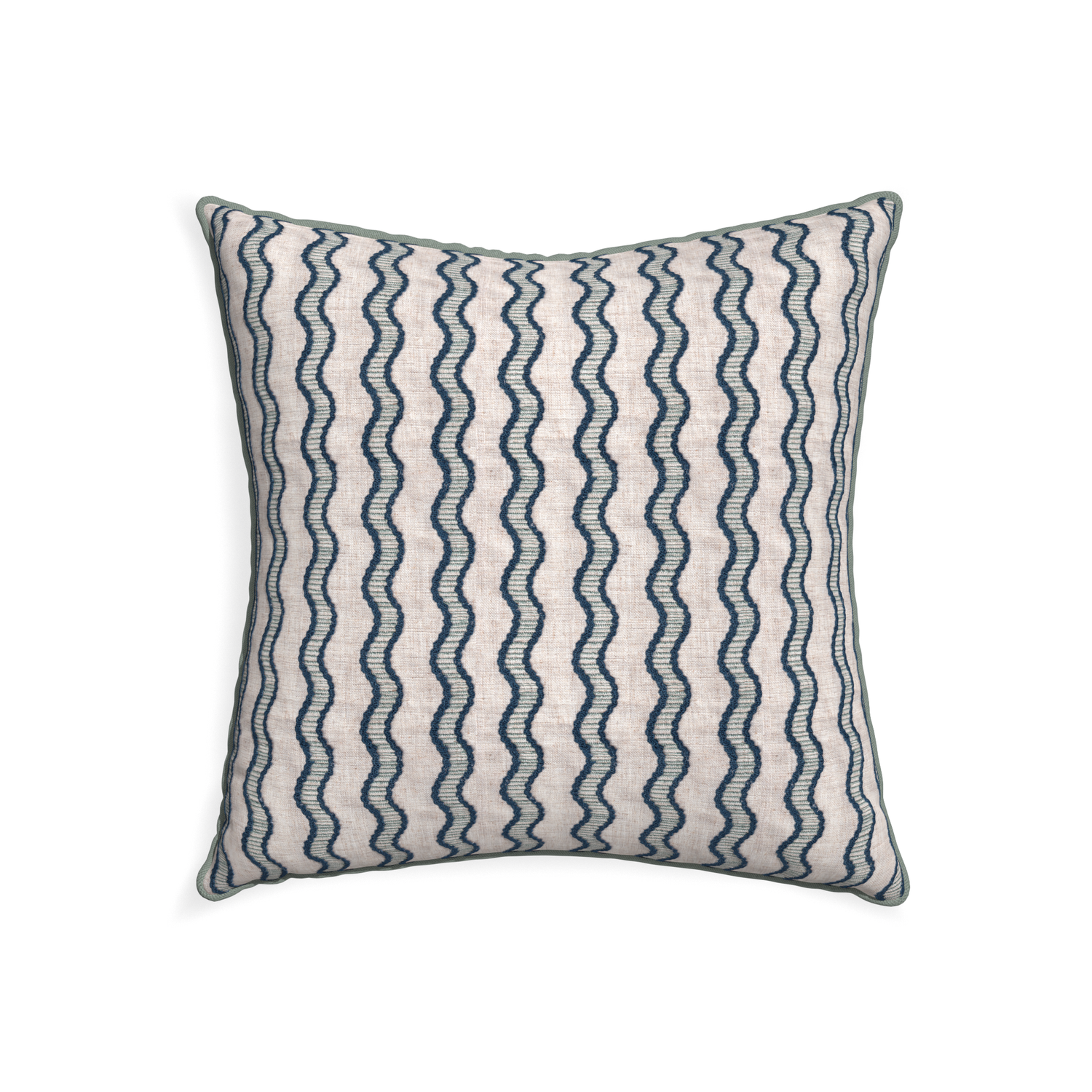 22-square beatrice custom embroidered wavepillow with sage piping on white background