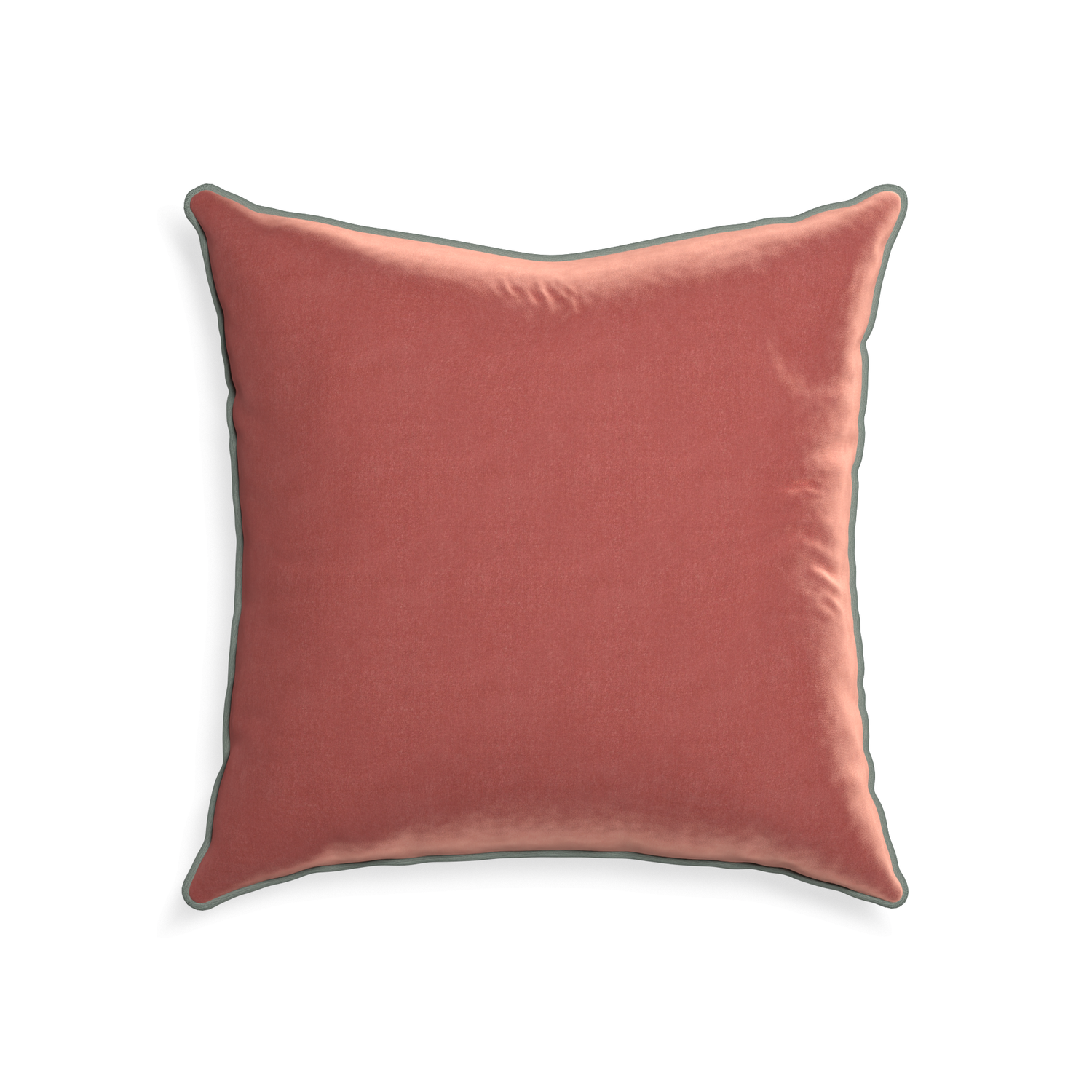 22-square cosmo velvet custom coralpillow with sage piping on white background